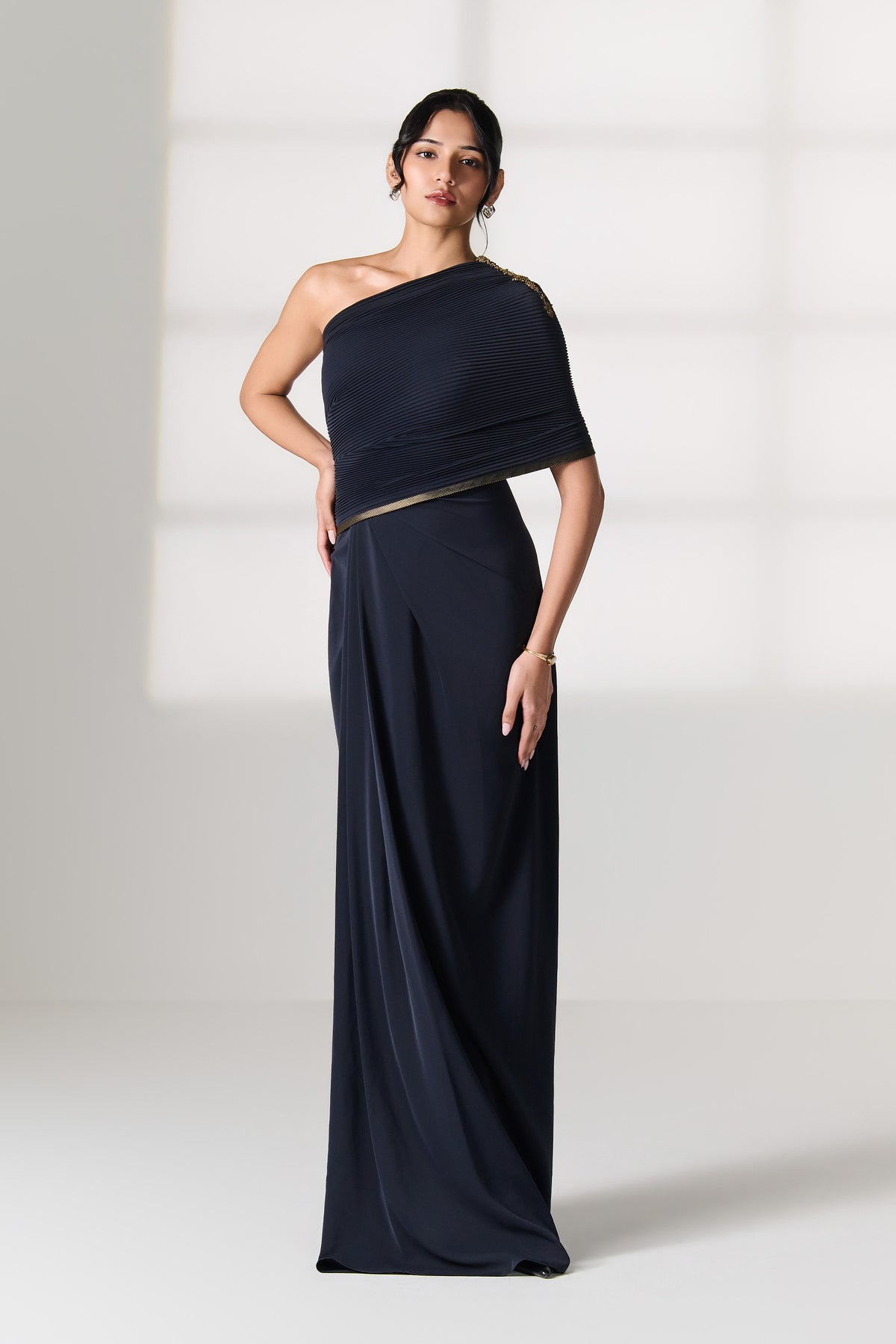 Navy One-Shoulder Draped Saree Gown