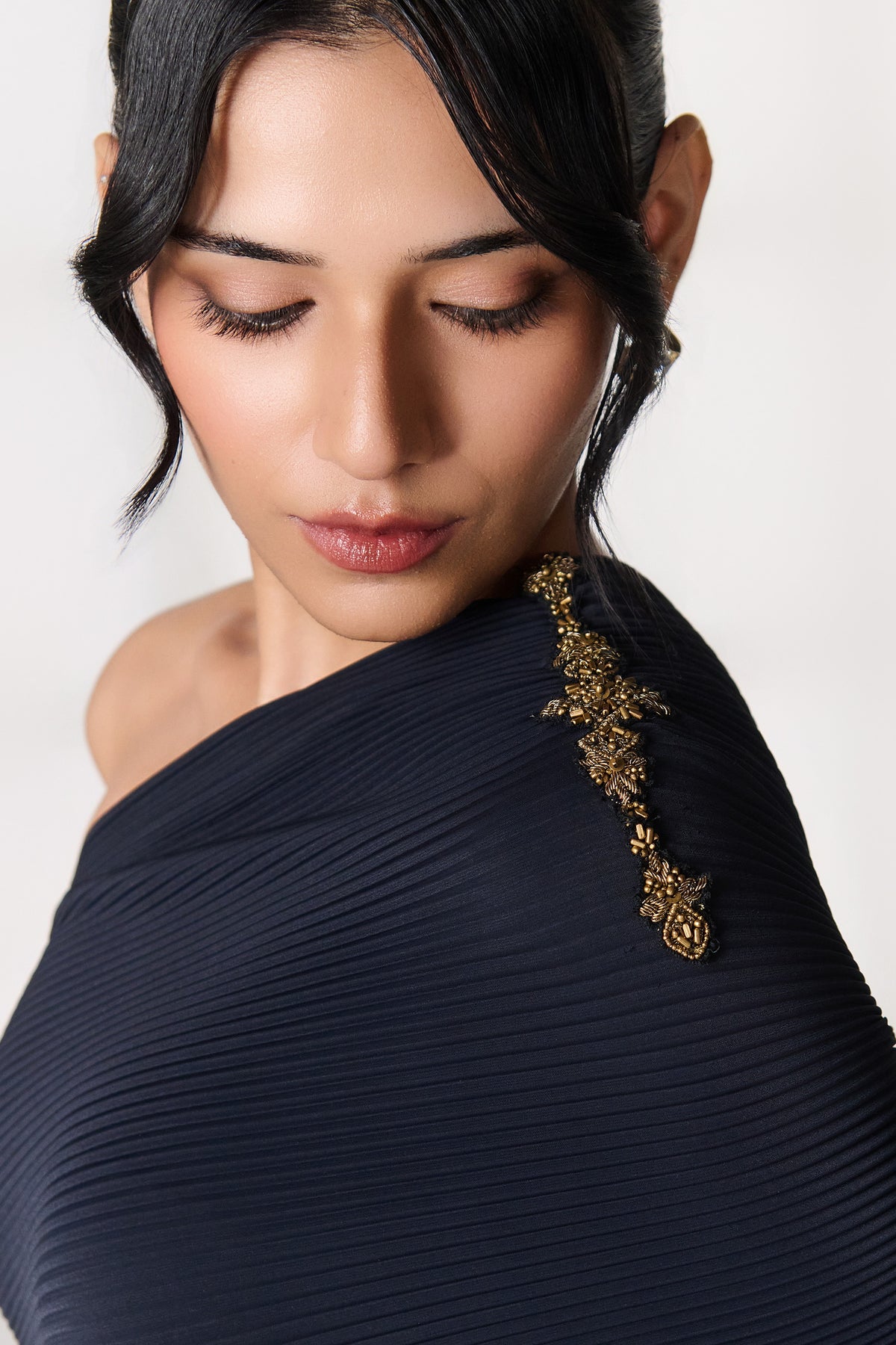 Navy One-Shoulder Draped Saree Gown