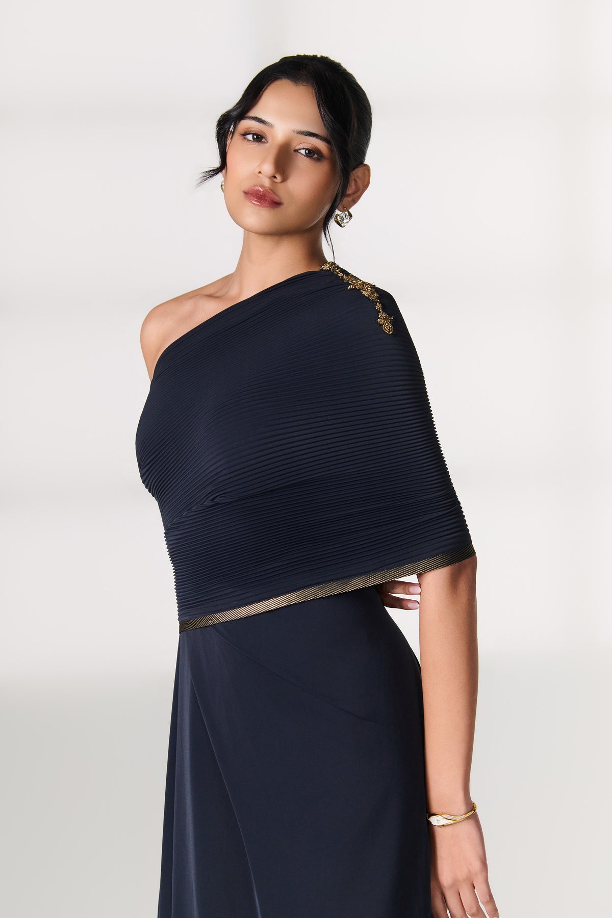 Navy One-Shoulder Draped Saree Gown