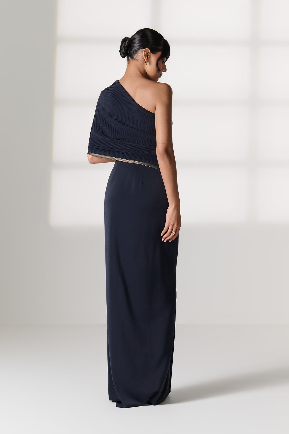 Navy One-Shoulder Draped Saree Gown