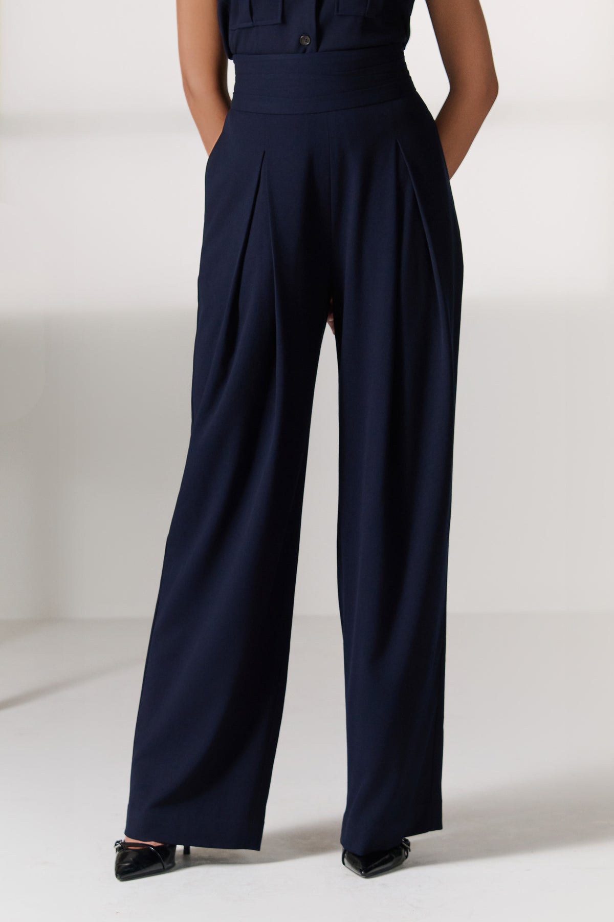 Navy Fold-Waist Wide Leg Trousers