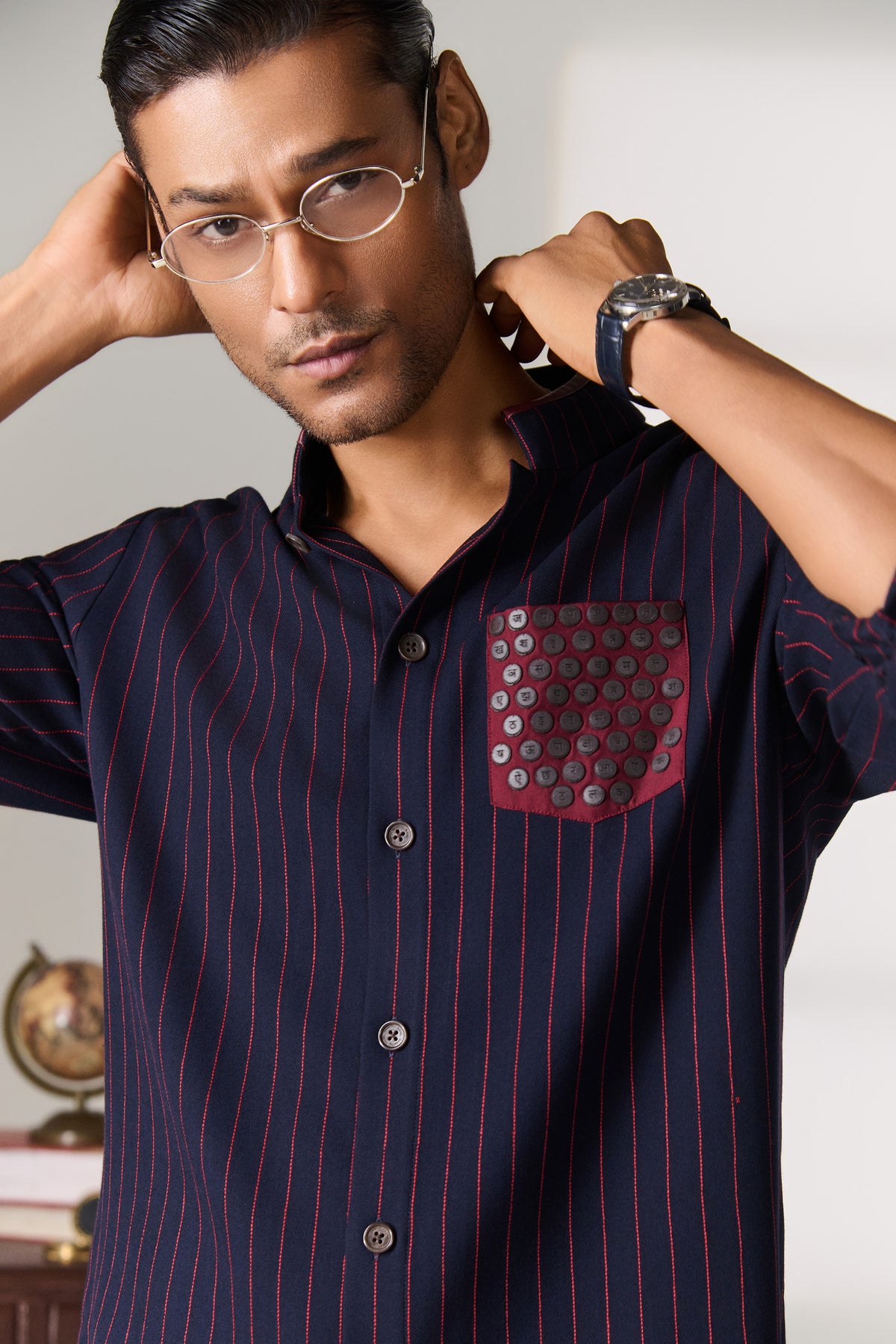 Navy Pinstripe Kurta with Contrast Patch Pocket