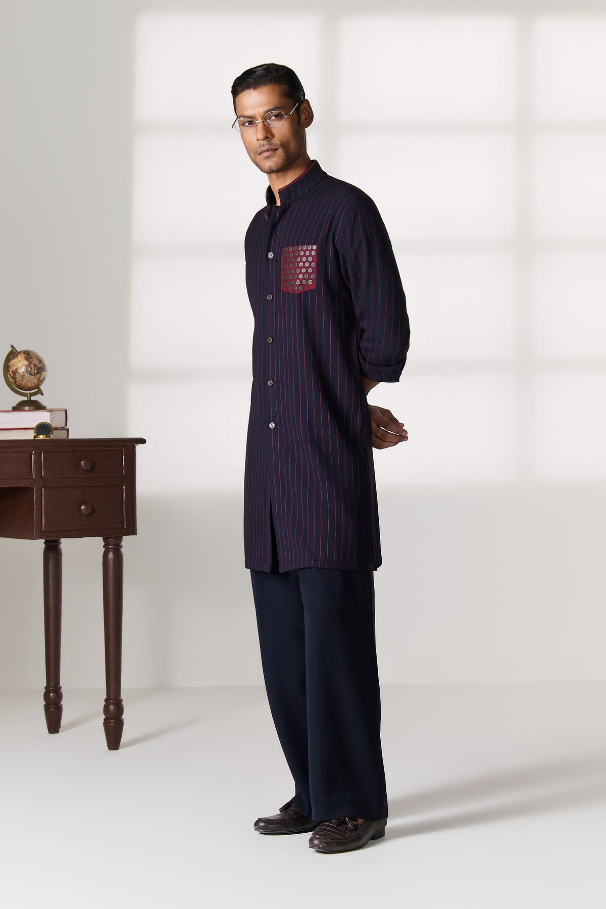 Navy Pinstripe Kurta with Contrast Patch Pocket