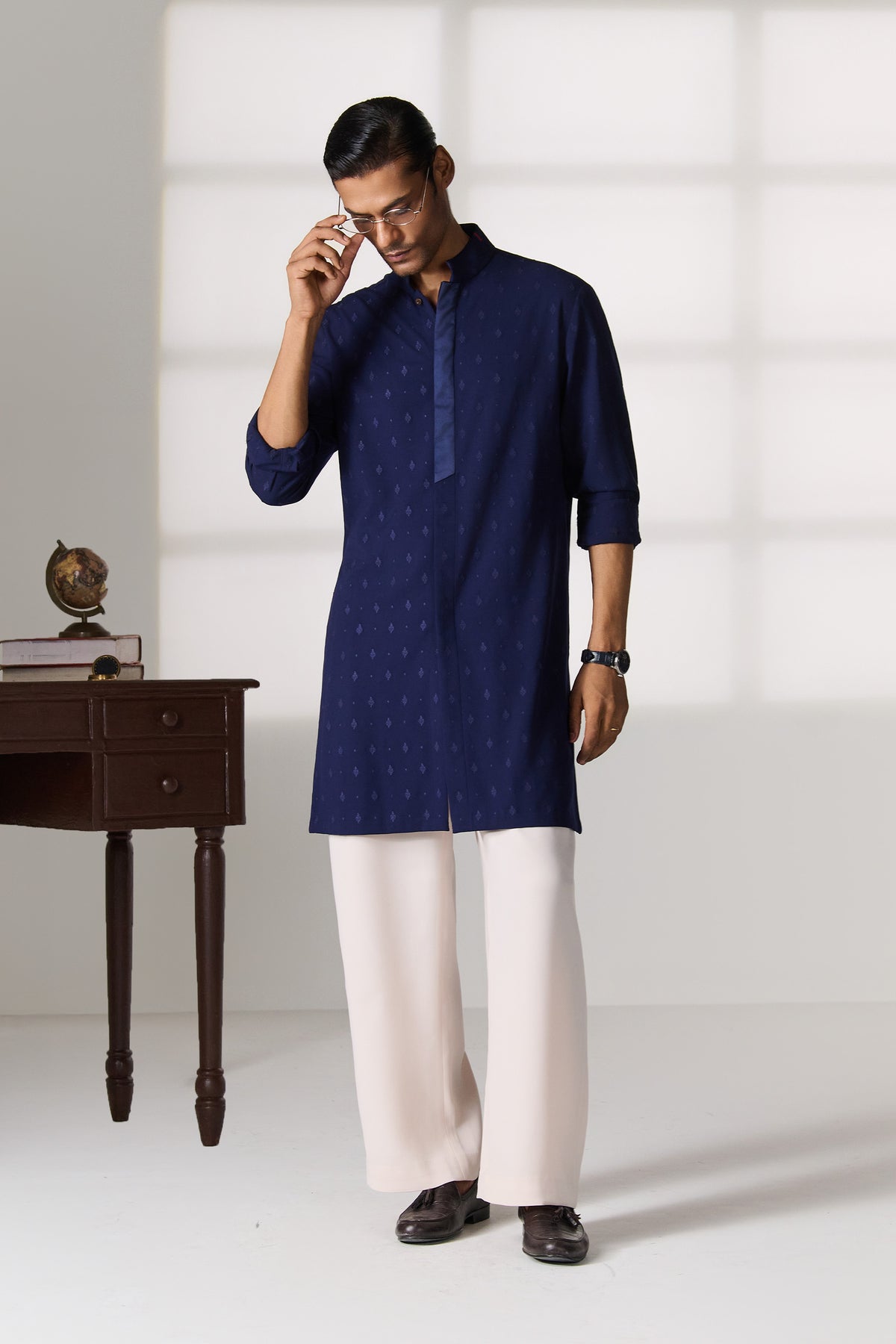 Navy Kurta with Contrast Placket Detail