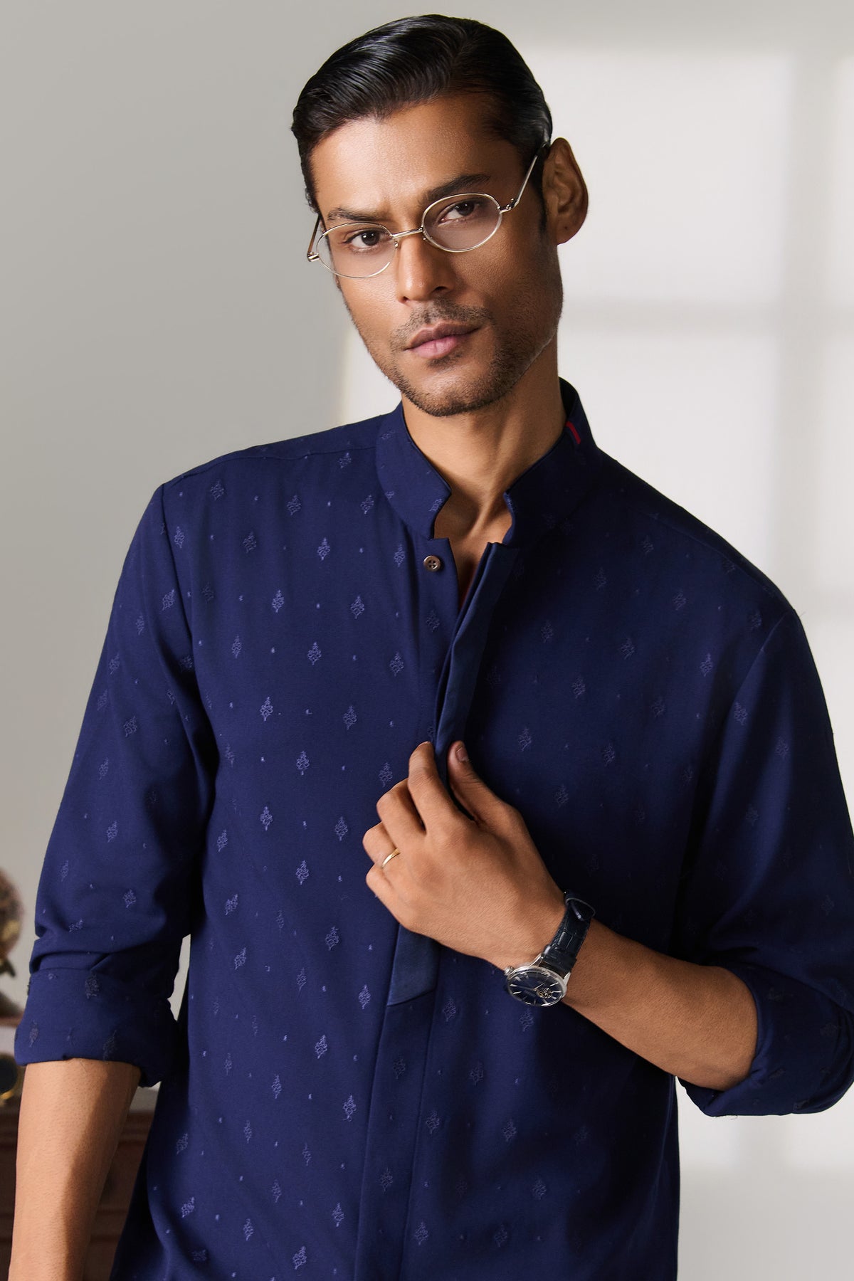 Navy Kurta with Contrast Placket Detail