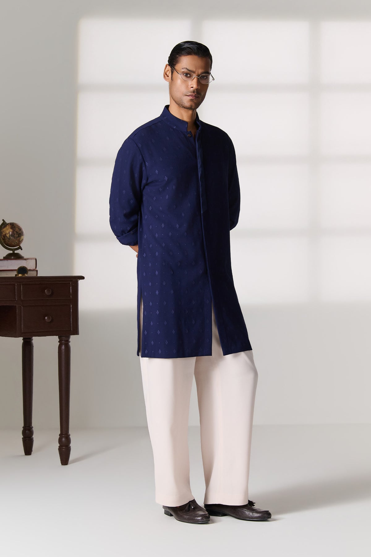 Navy Kurta with Contrast Placket Detail