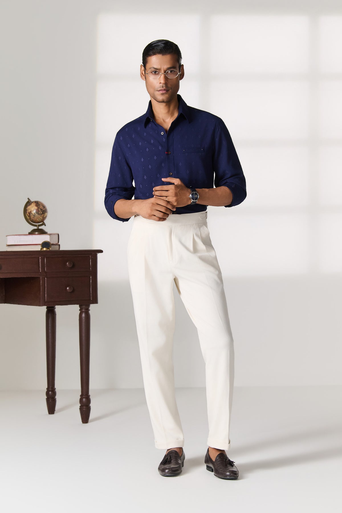 Navy Mandarin Collar Shirt