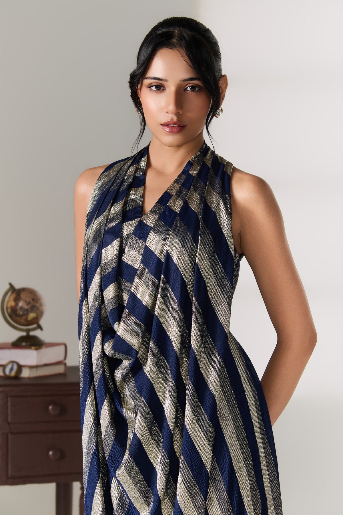 Navy-Silver Striped Wrap Dress