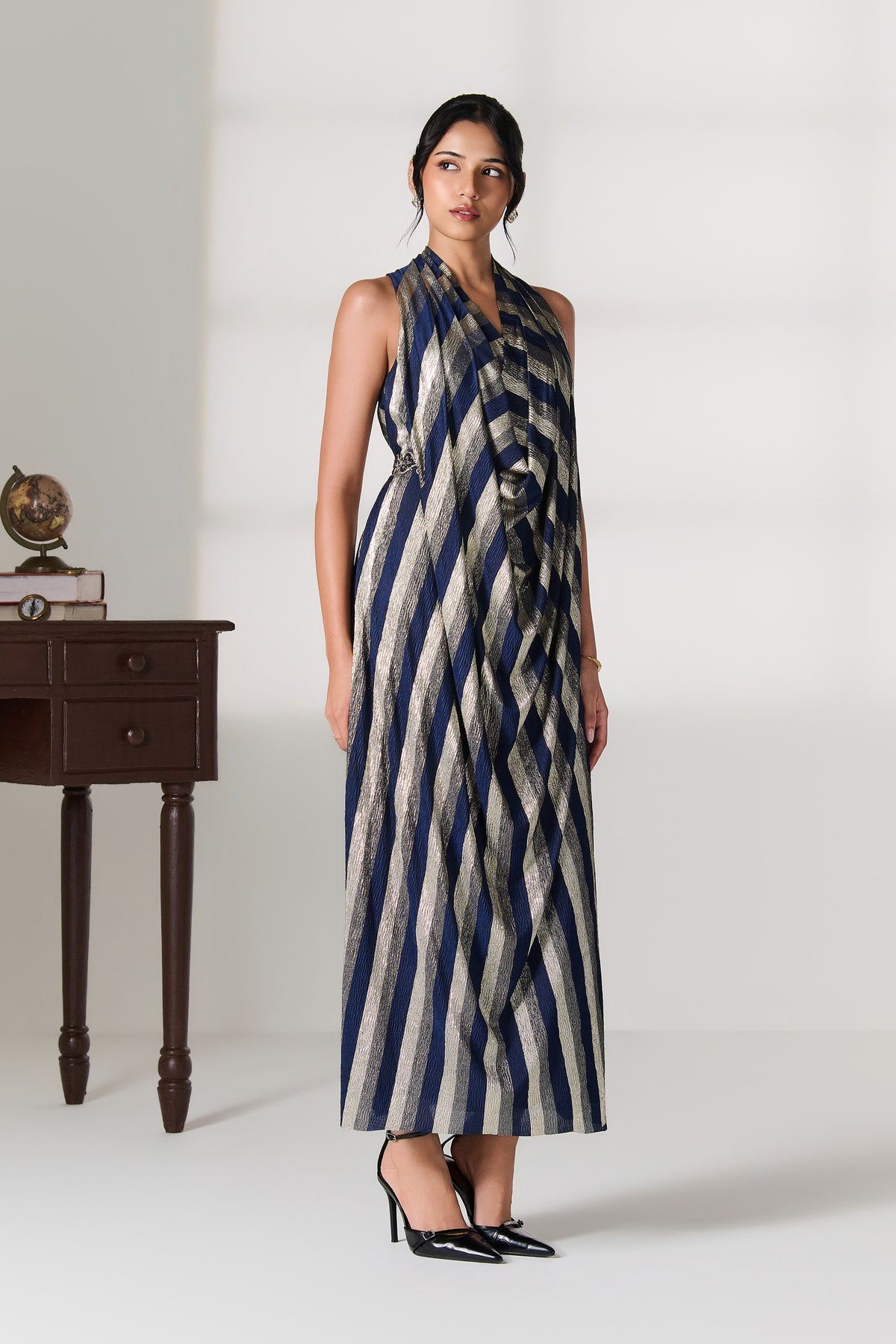 Navy-Silver Striped Wrap Dress