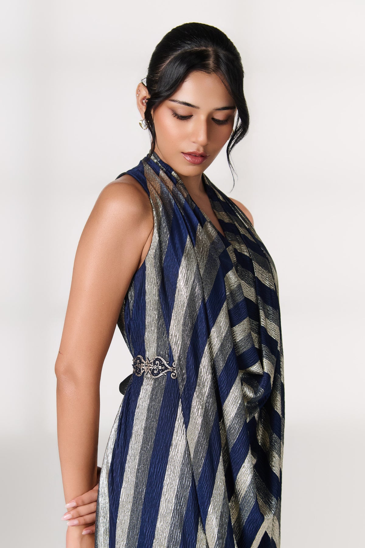 Navy-Silver Striped Wrap Dress