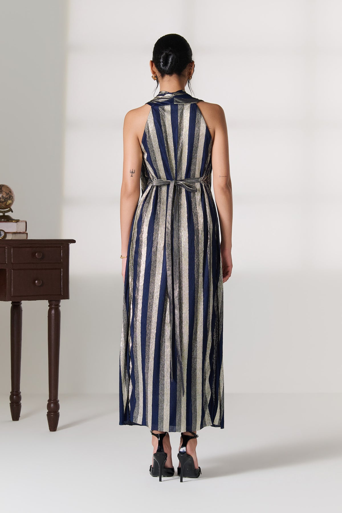 Navy-Silver Striped Wrap Dress
