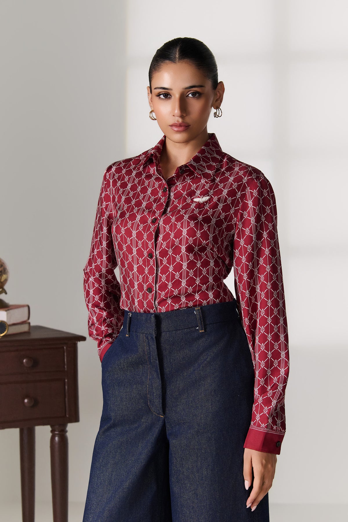 Cherry Geometric Print Silk Shirt