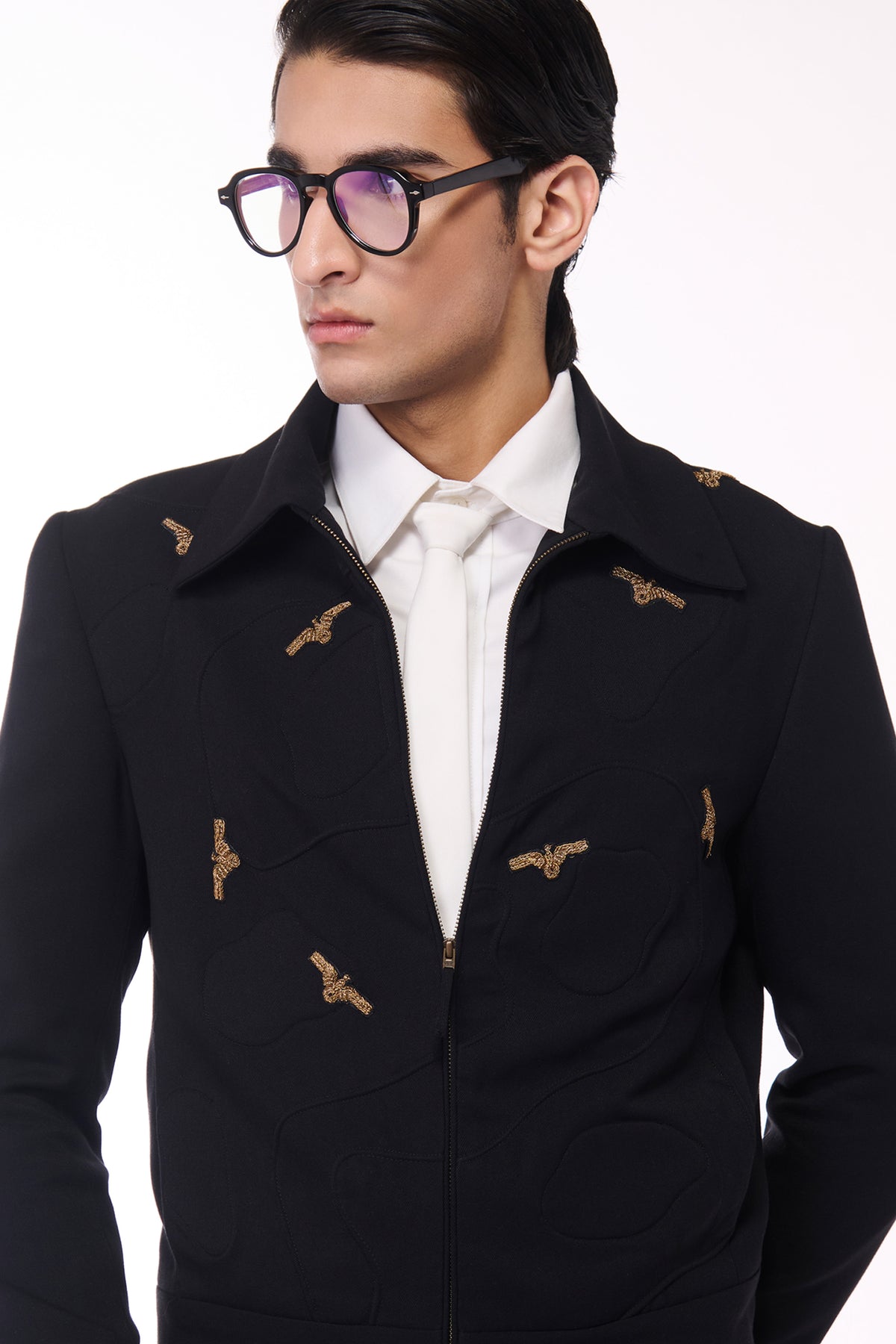 Abhay Verma in Black Layering with Crest Allover