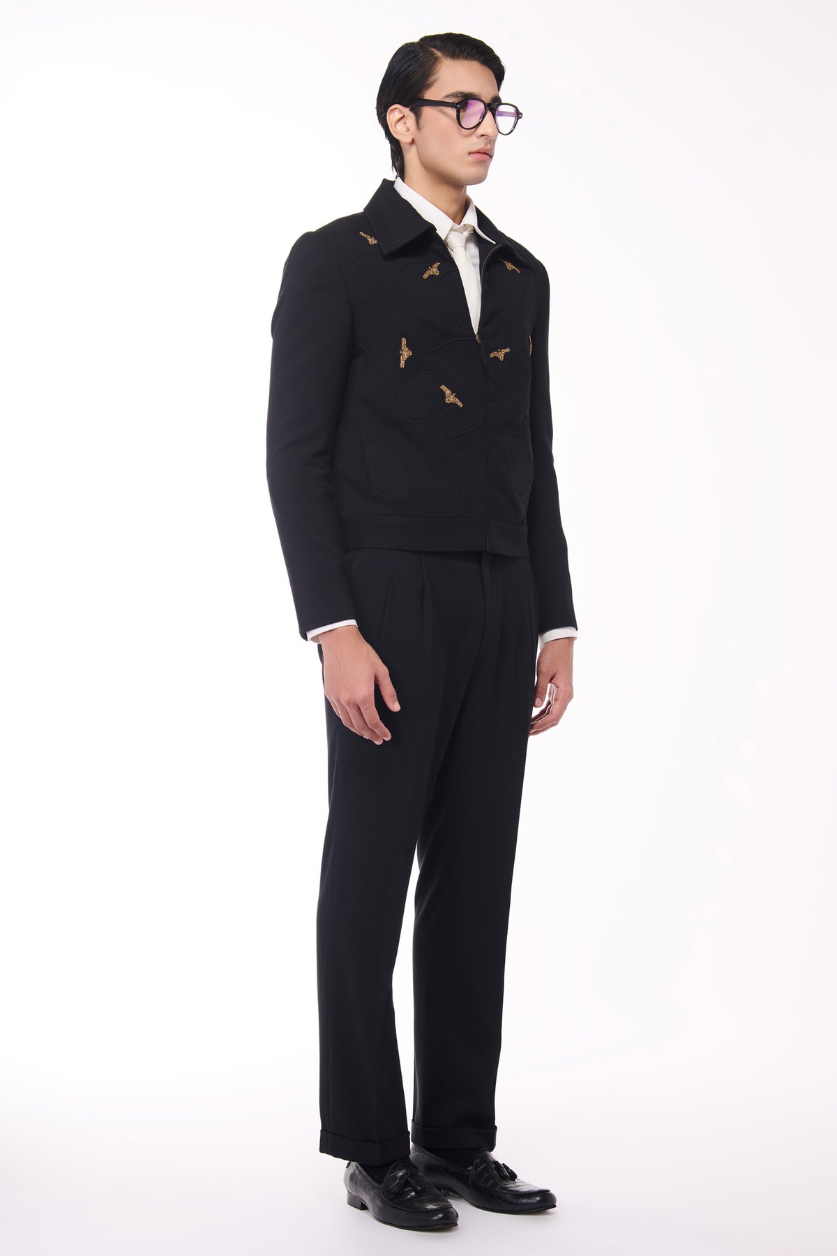 Abhay Verma in Black Layering with Crest Allover