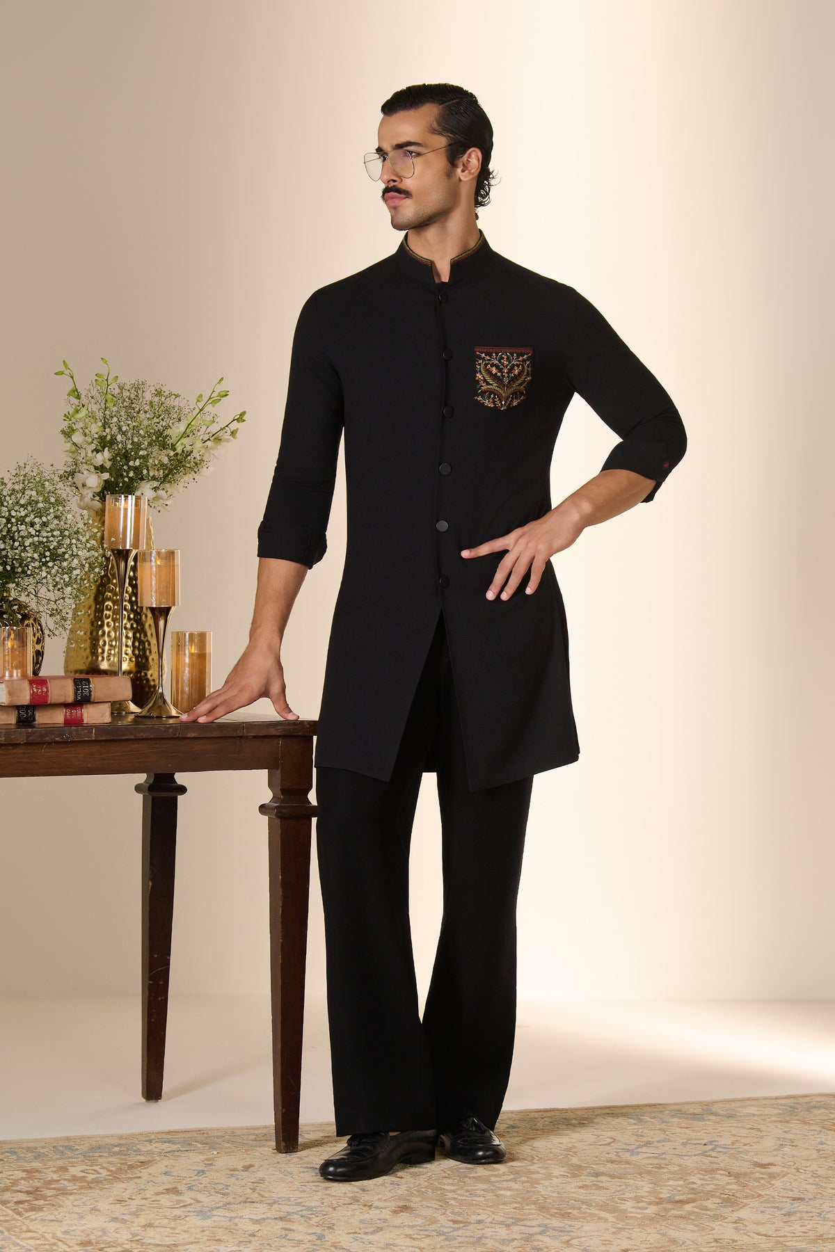 Black Embroidered Pocket Kurta