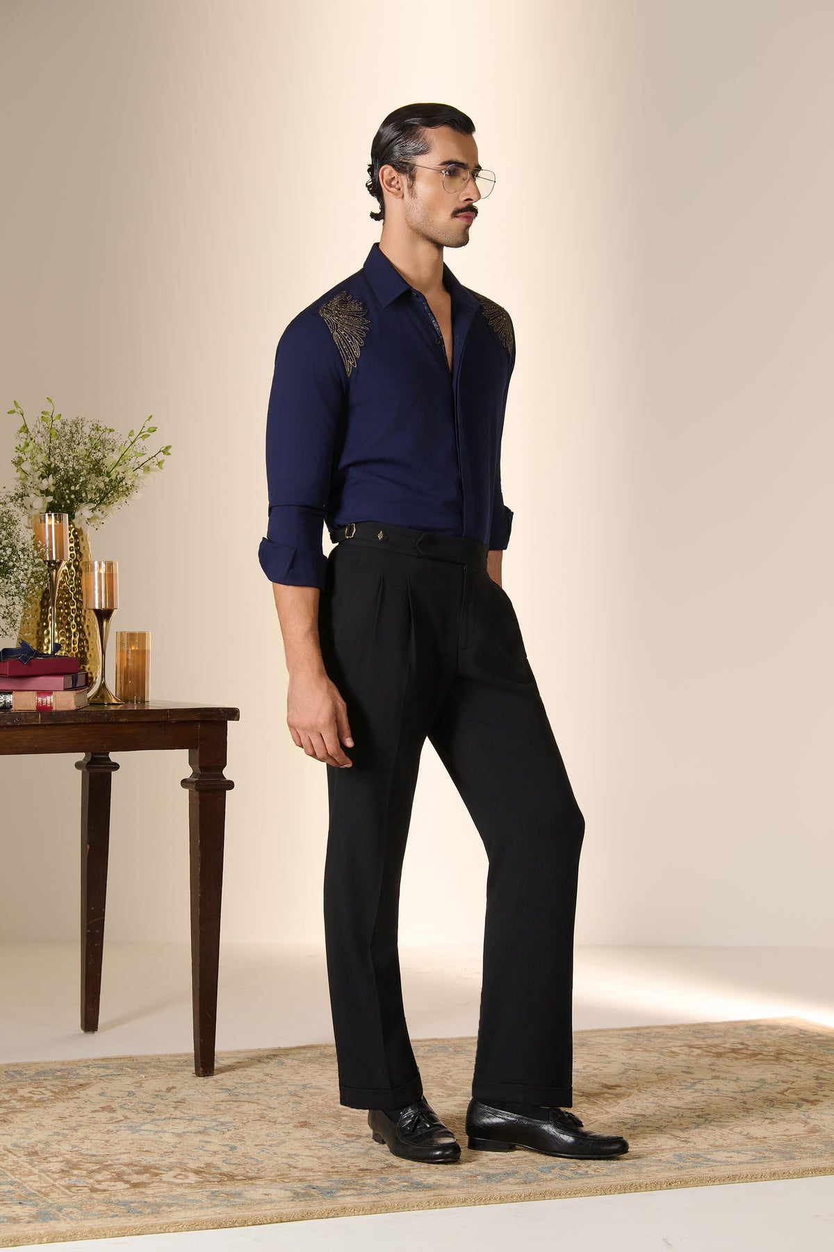 Navy Embroidered Shoulder Shirt