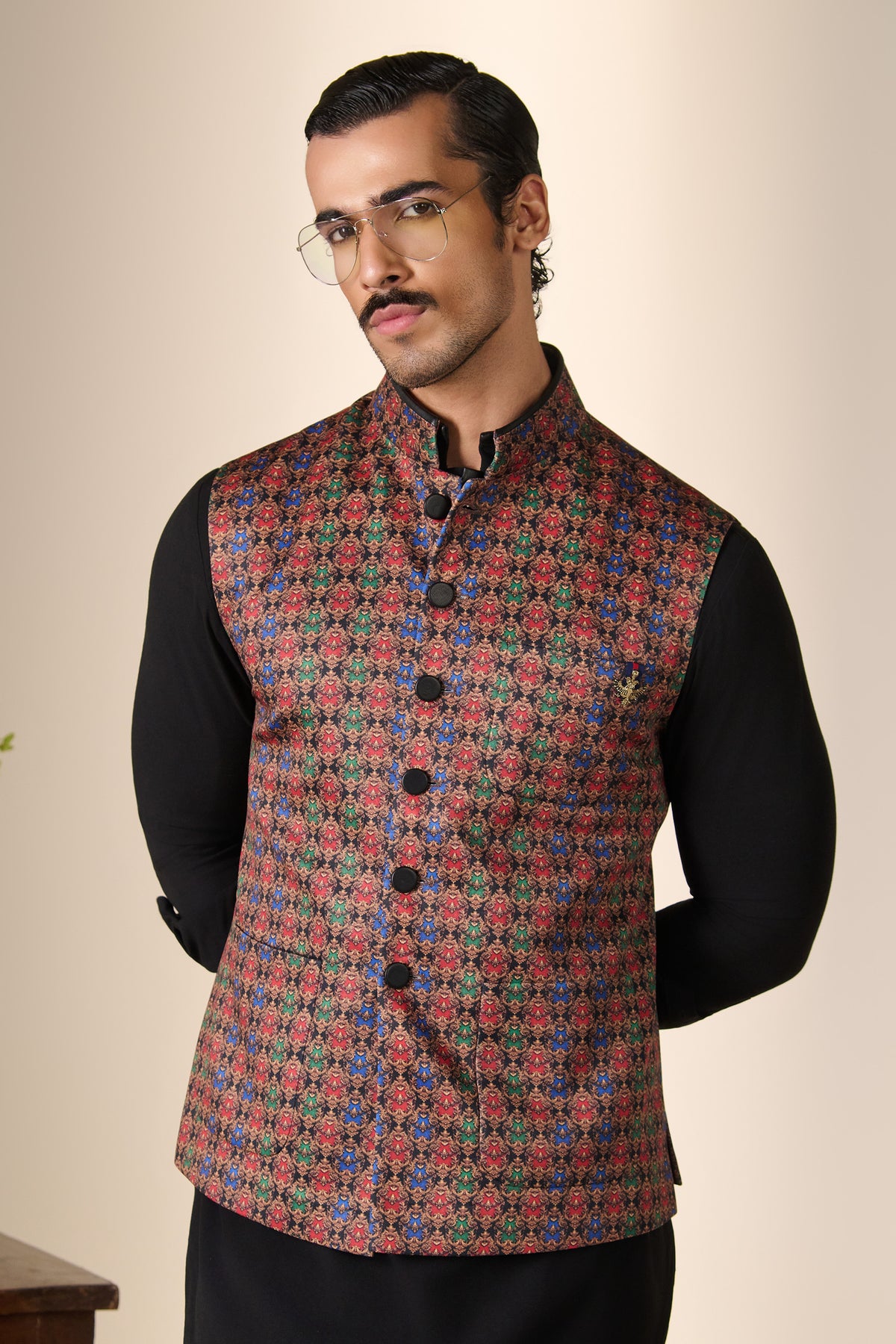 Multicolour Printed Crest Waistcoat