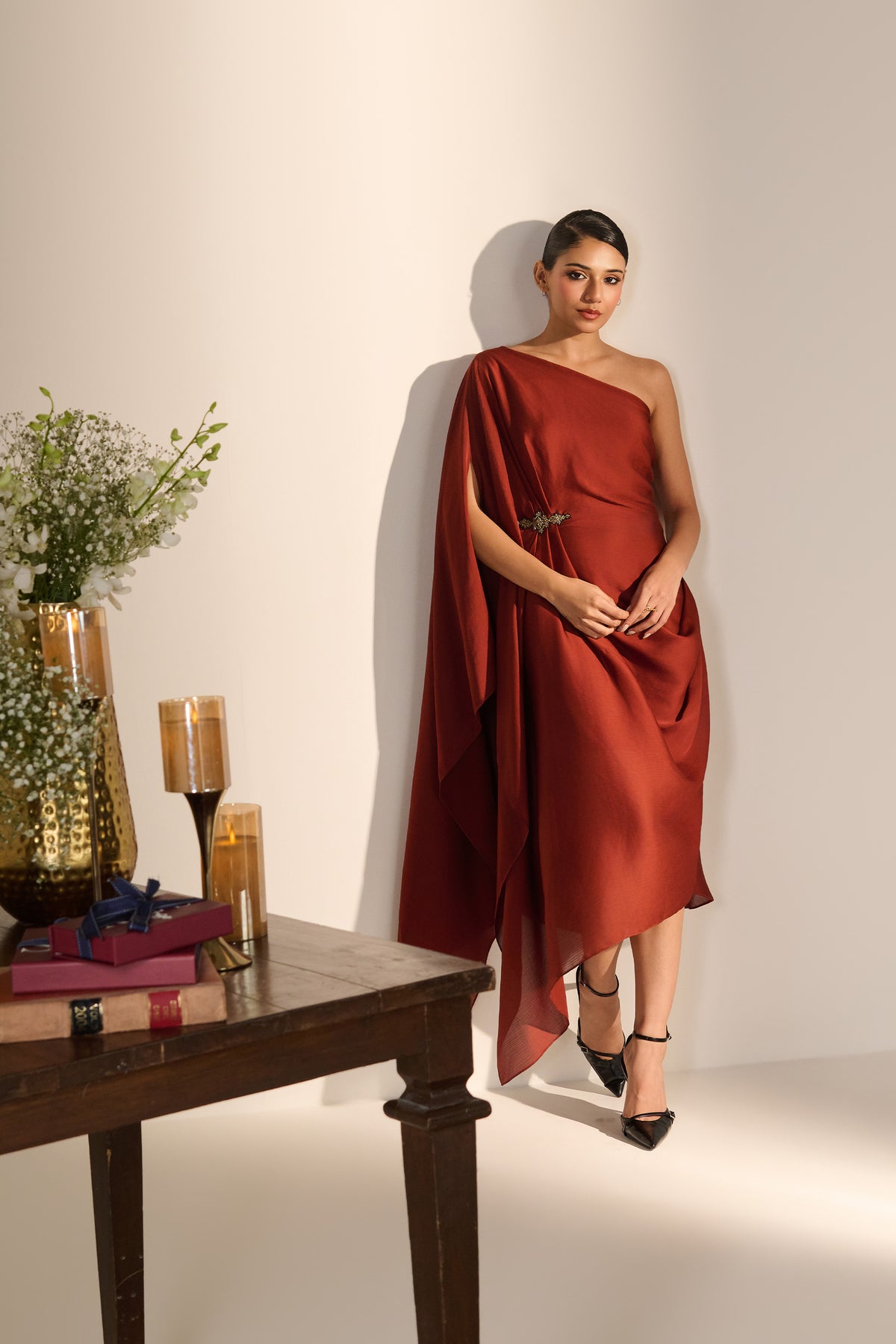 Rust One-Shoulder Kaftan Dress