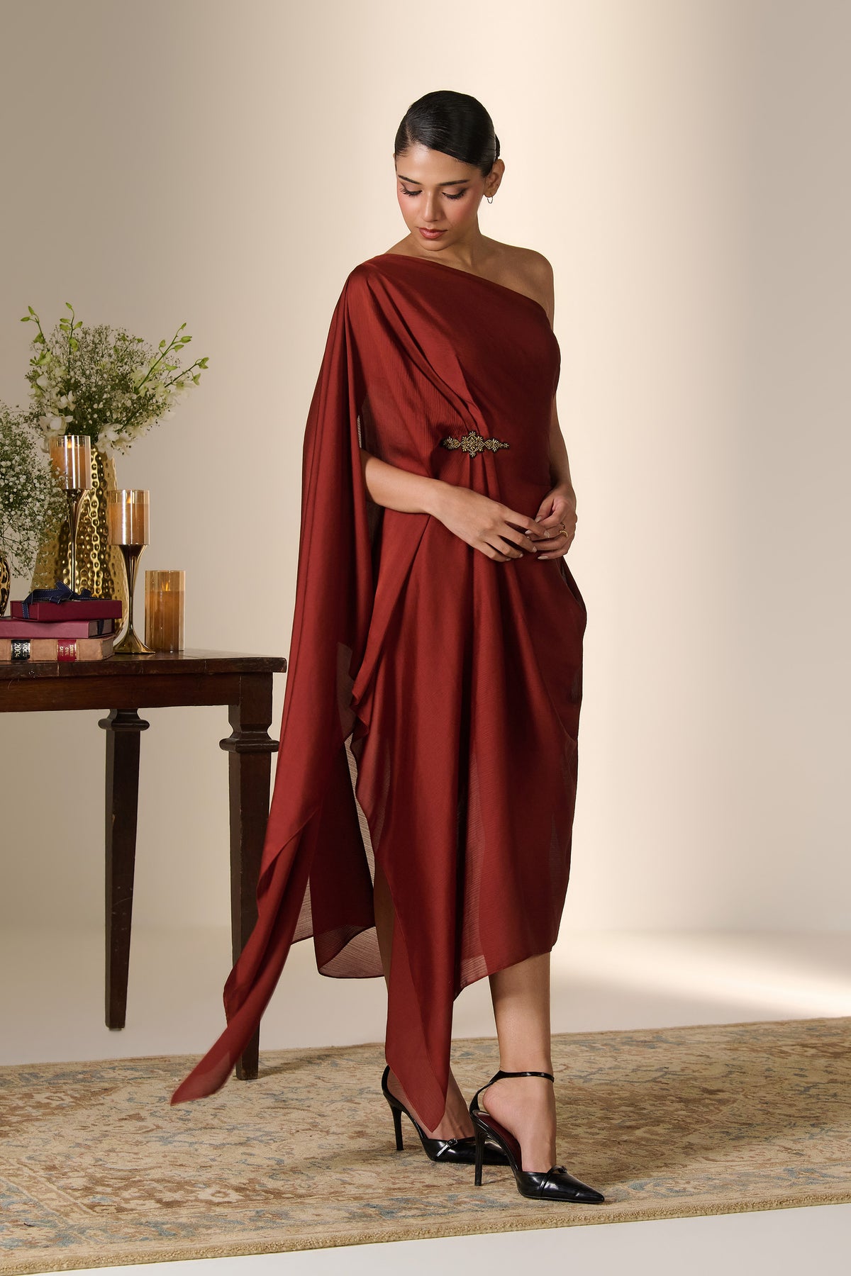 Rust One-Shoulder Kaftan Dress