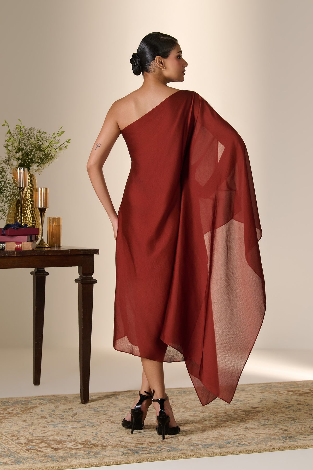 Rust One-Shoulder Kaftan Dress