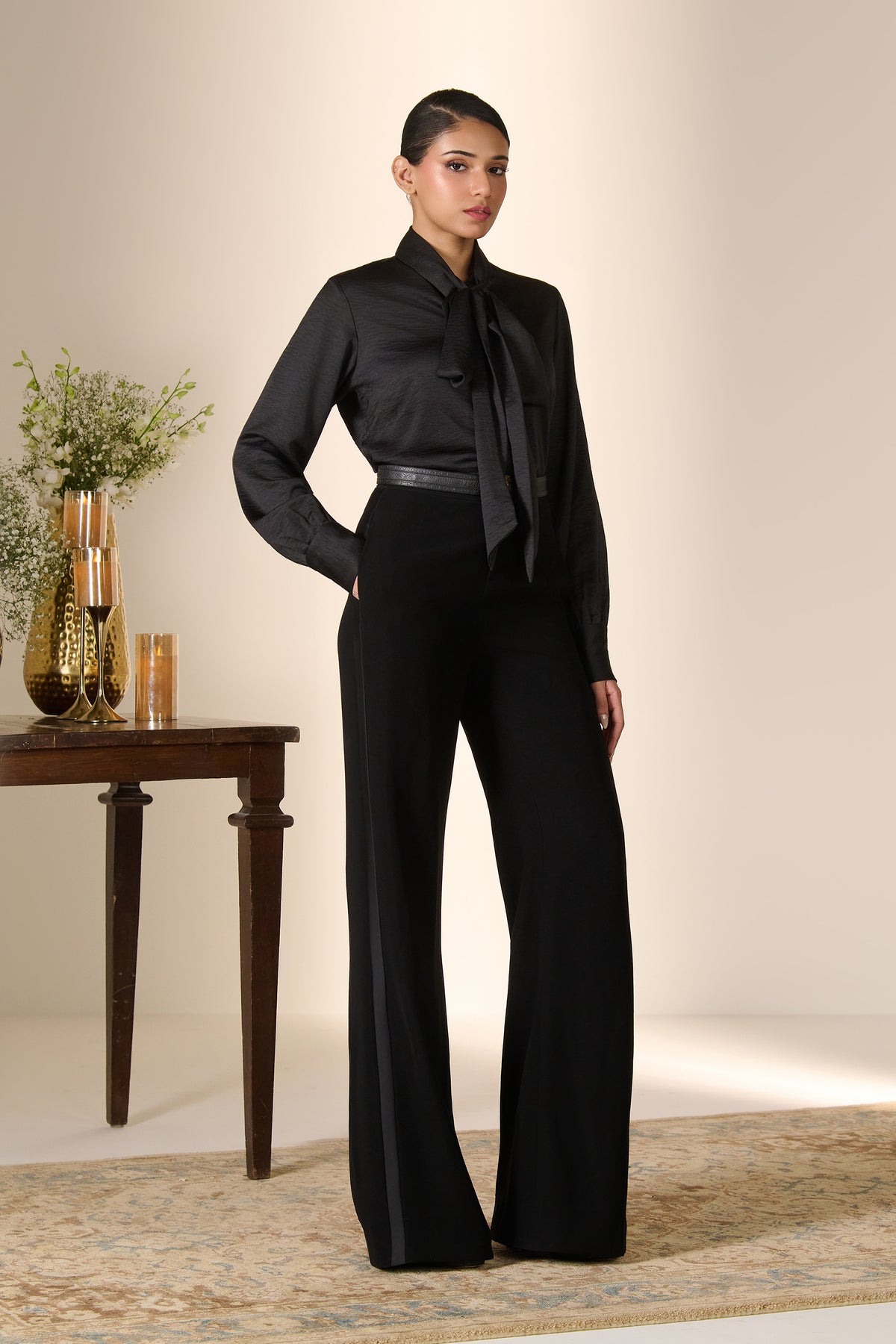 Black Silk Tie-Neck Top