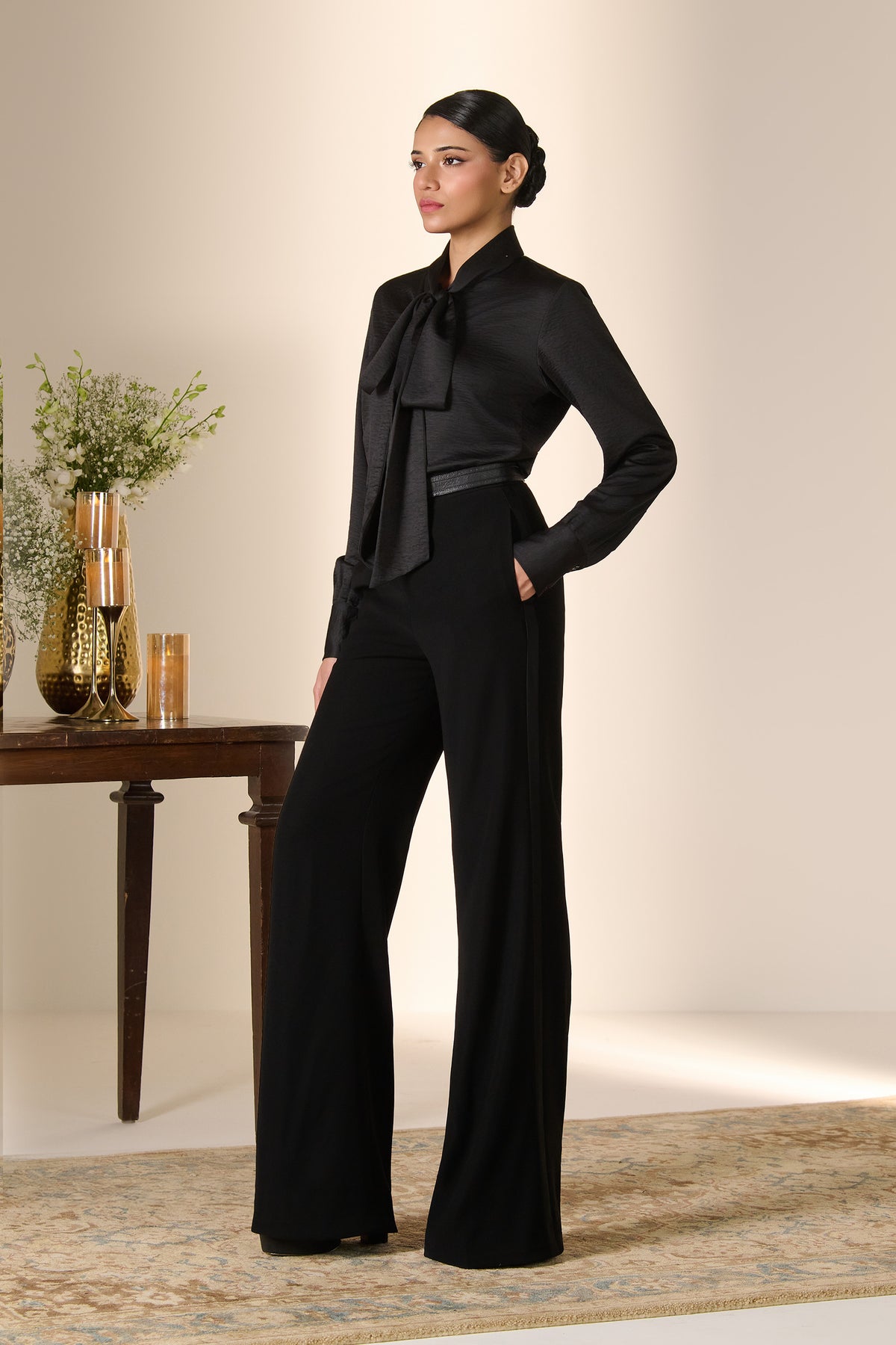 Black Silk Tie-Neck Top