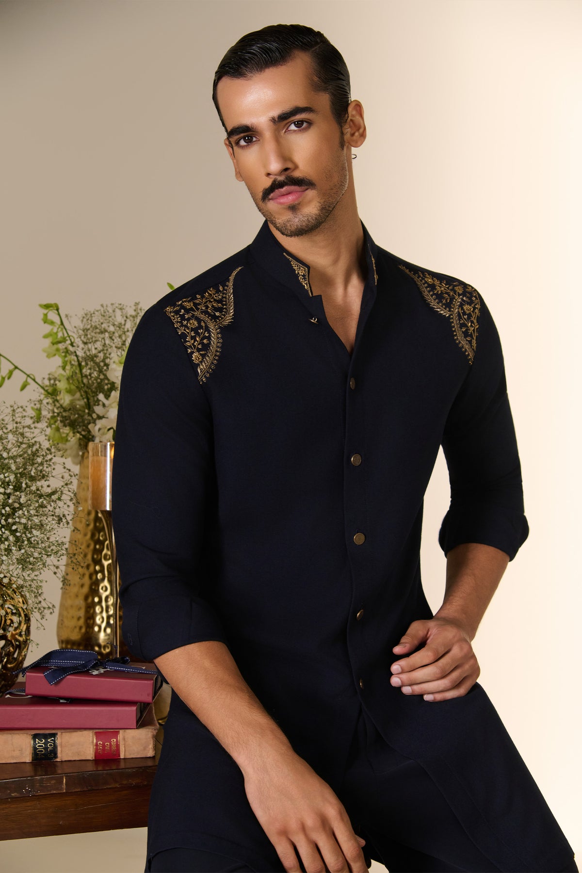 Navy Embroidered Shoulder Kurta