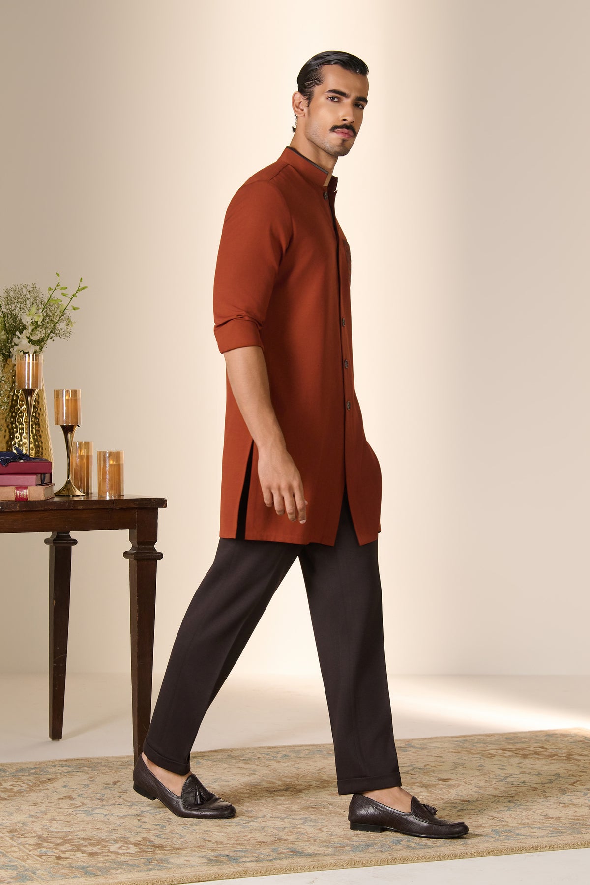 Rust Embroidered Pocket Kurta