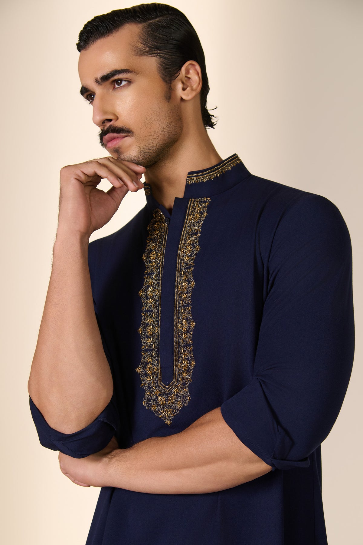 Navy Embroidered Placket Kurta