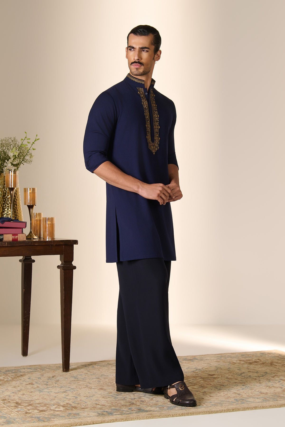 Navy Embroidered Placket Kurta