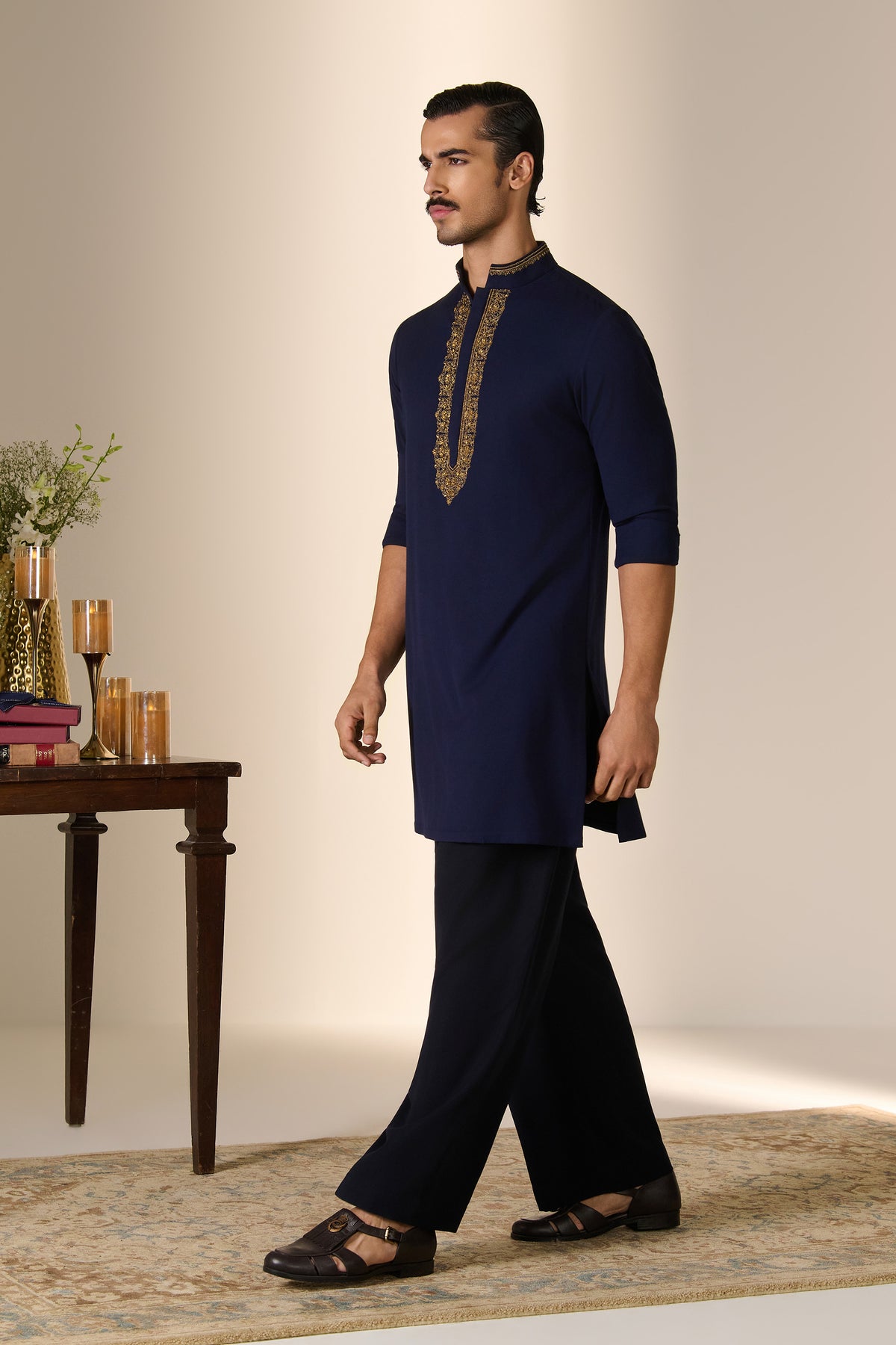 Navy Embroidered Placket Kurta