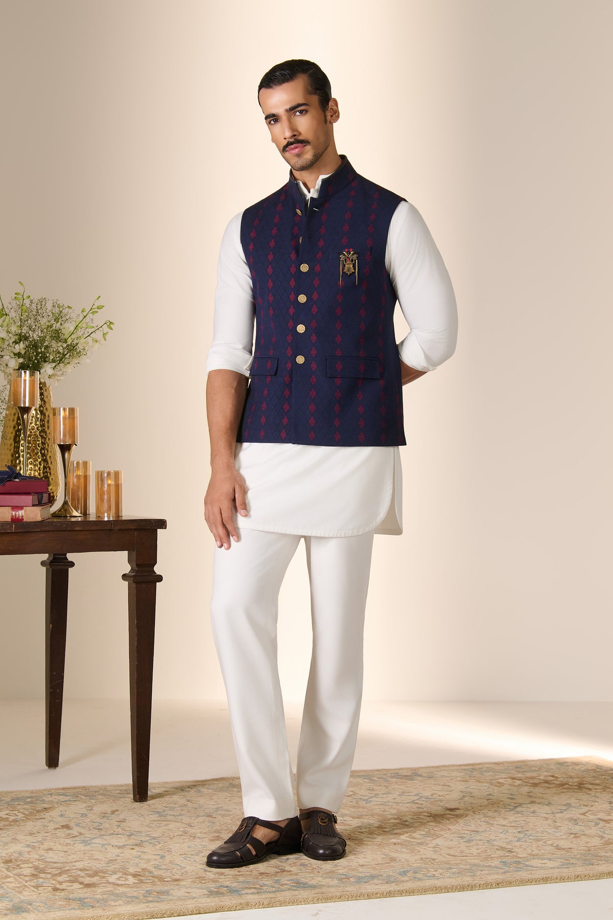 Navy Adamas Embroidered Crest Waistcoat