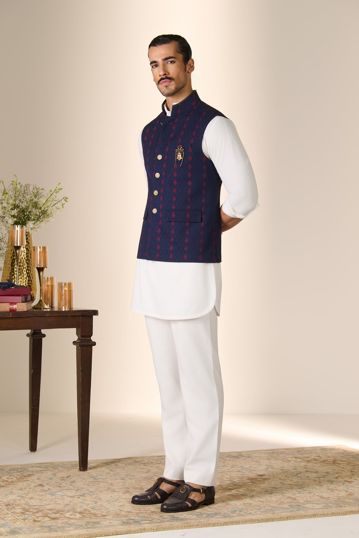Navy Adamas Embroidered Crest Waistcoat