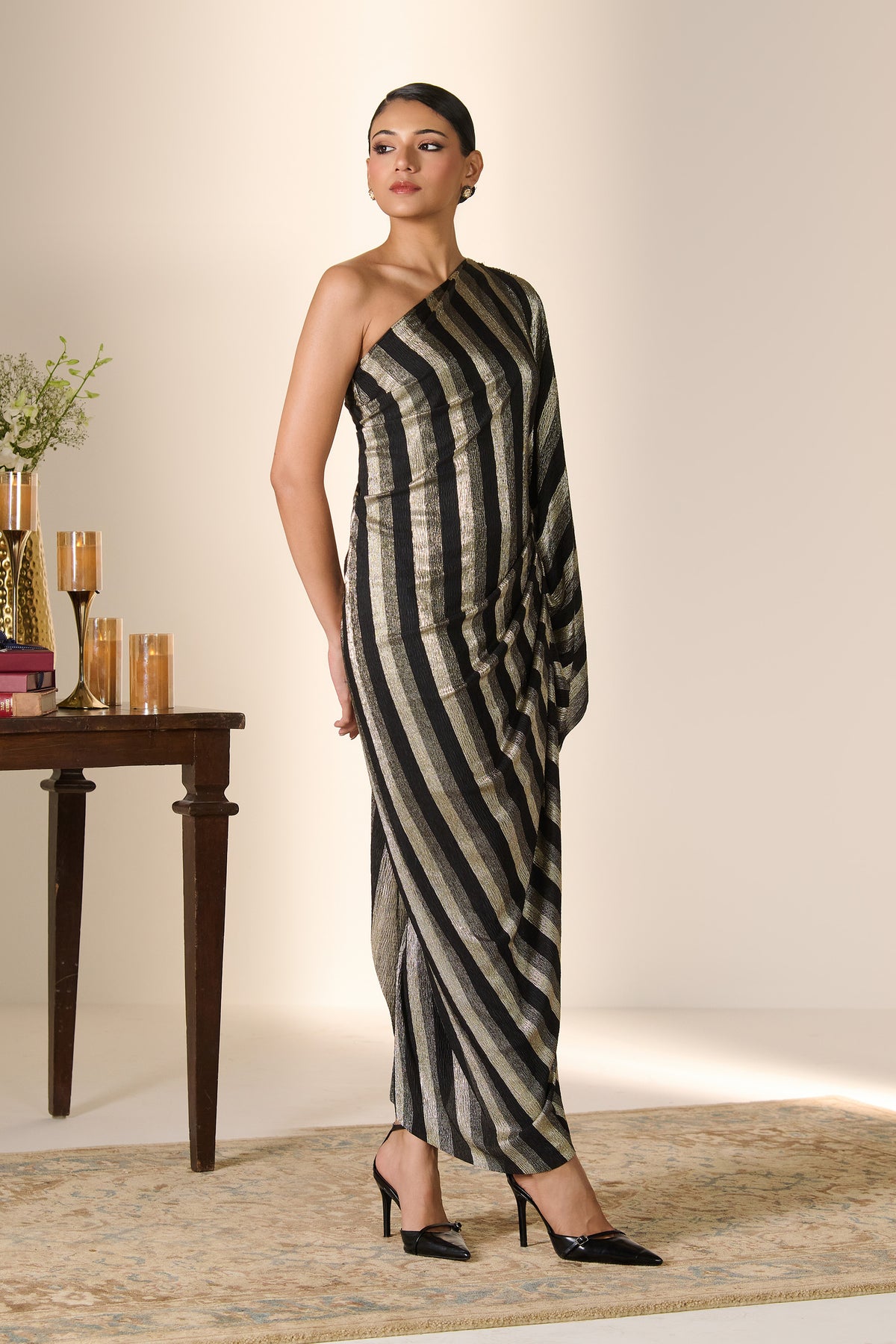 Black and Gold Stripe Drape Dress