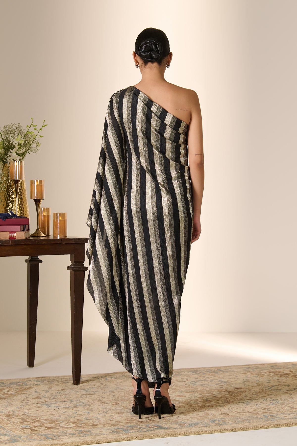 Black and Gold Stripe Drape Dress