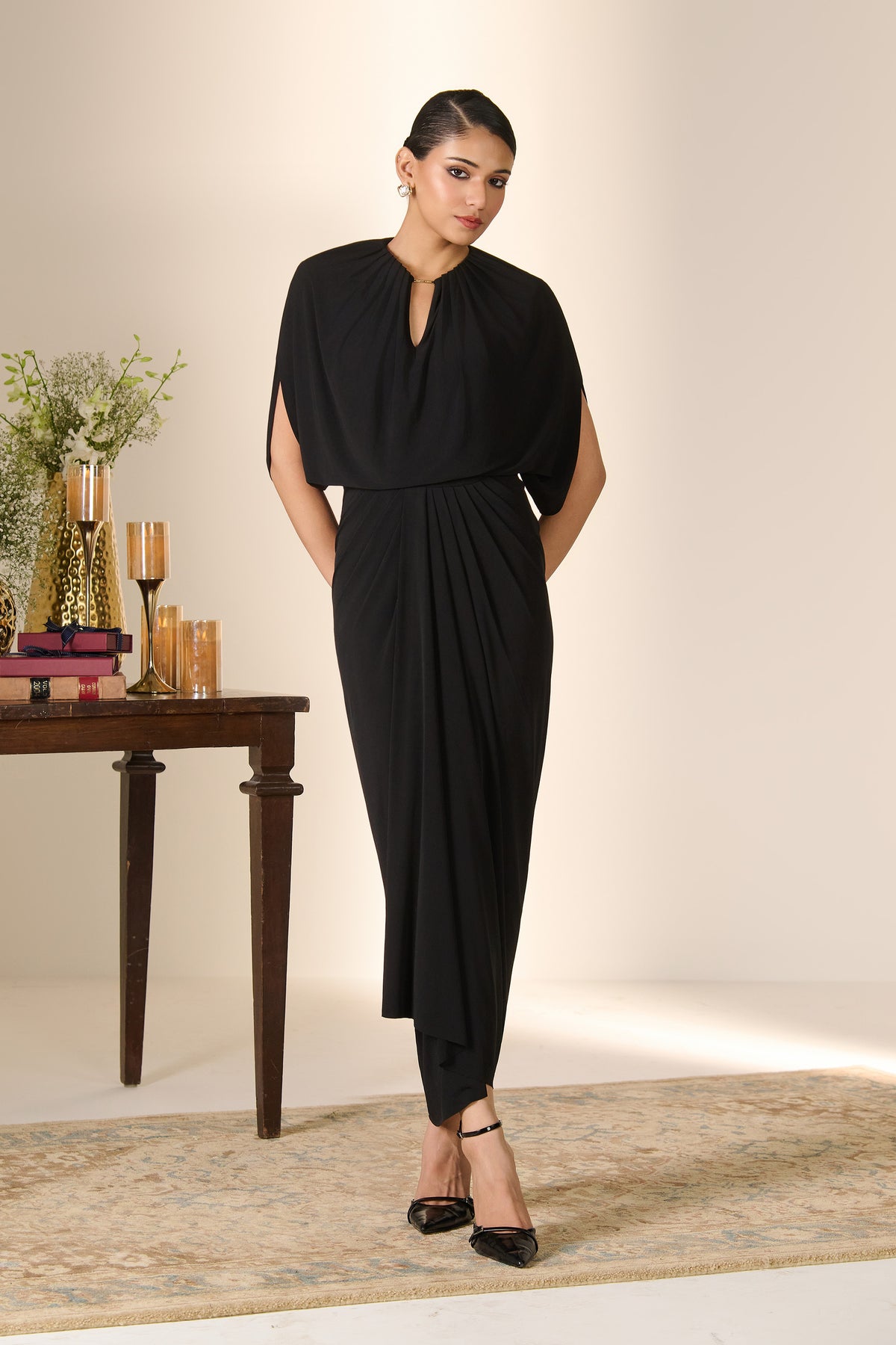 Black Drape Cape Dress