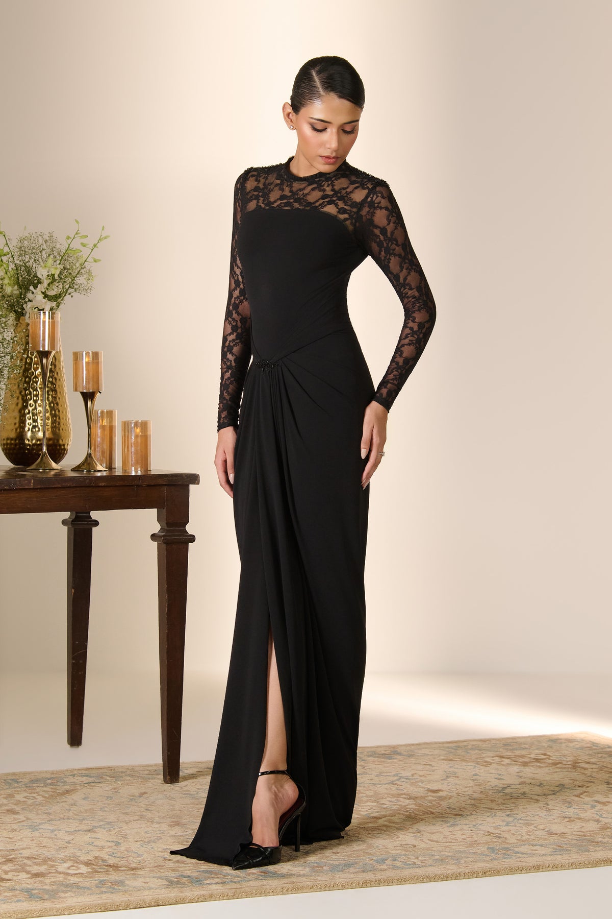 Patterned Mesh Saree Gown
