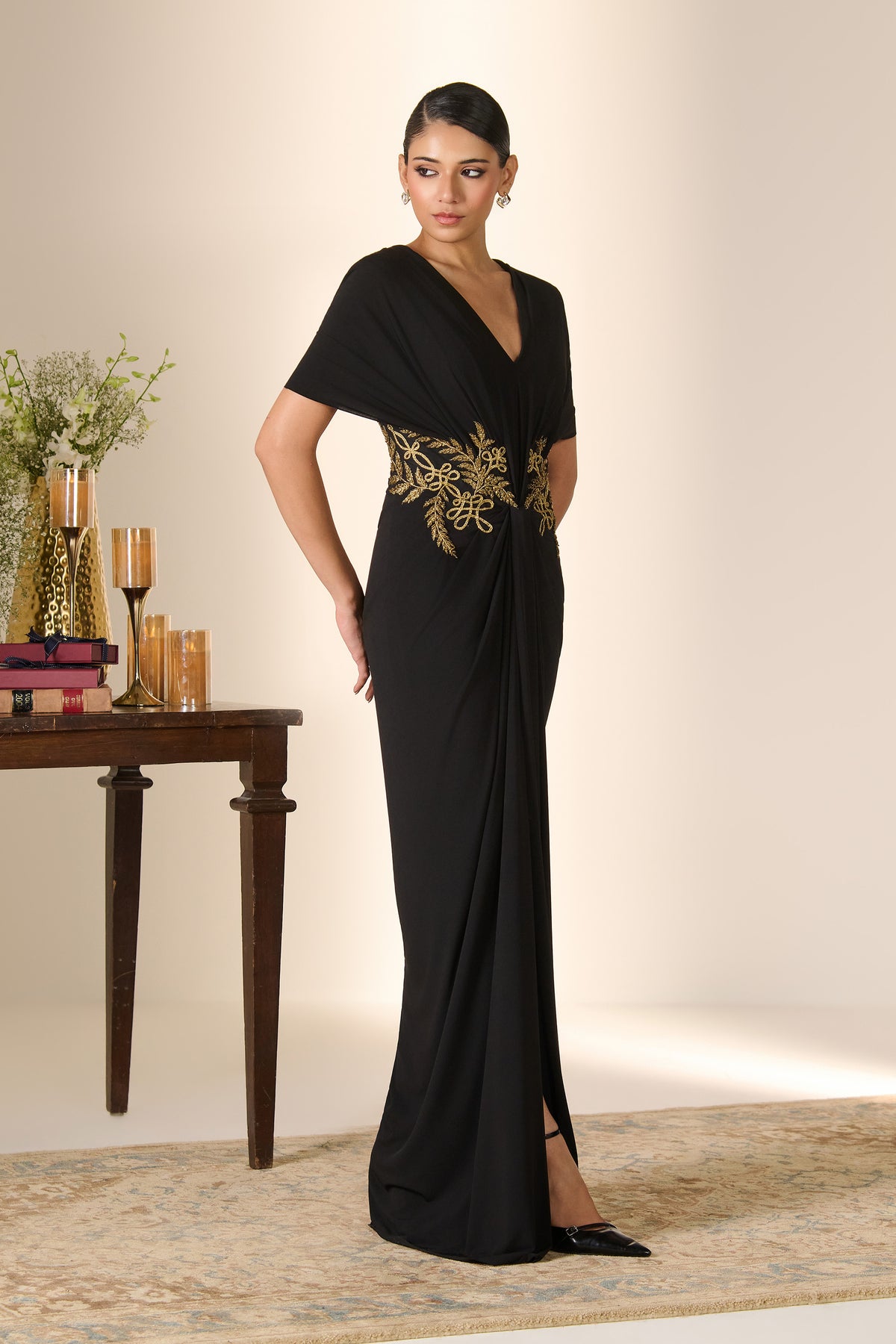 Black Baroque Embroidered Drape Saree Gown