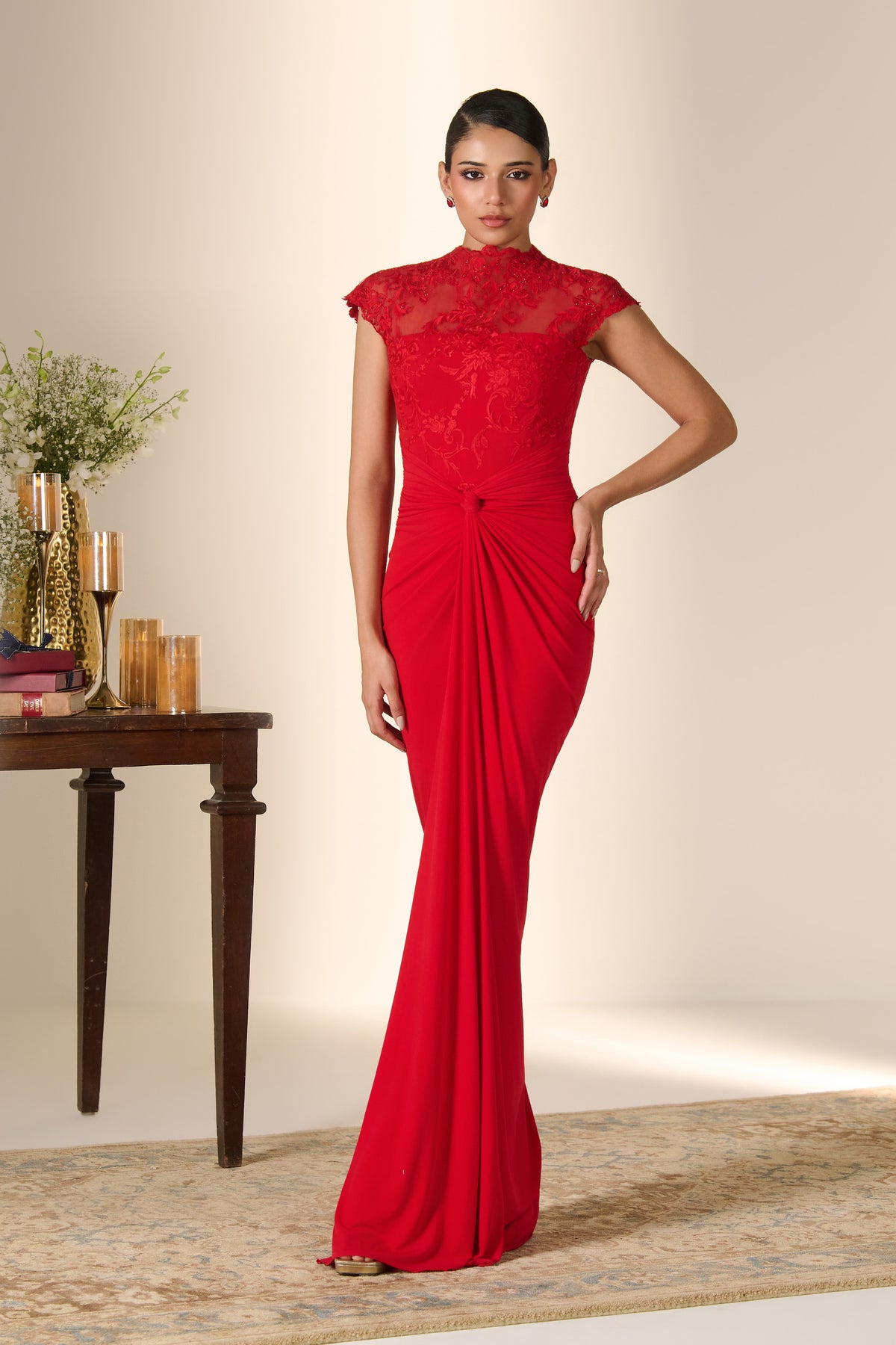Crimson Patterned Mesh Saree Gown