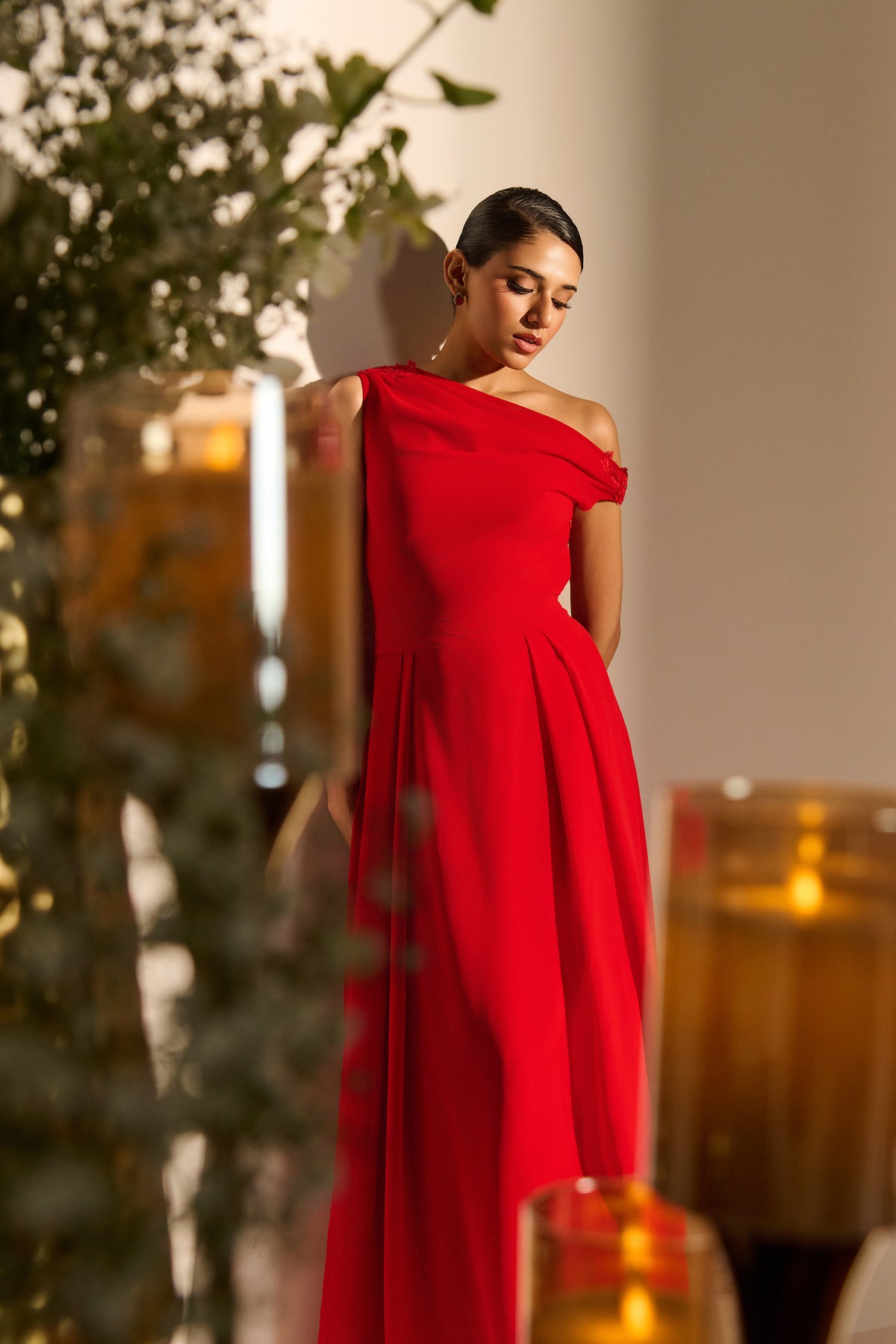 Crimson Off-Shoulder Drape Saree Gown