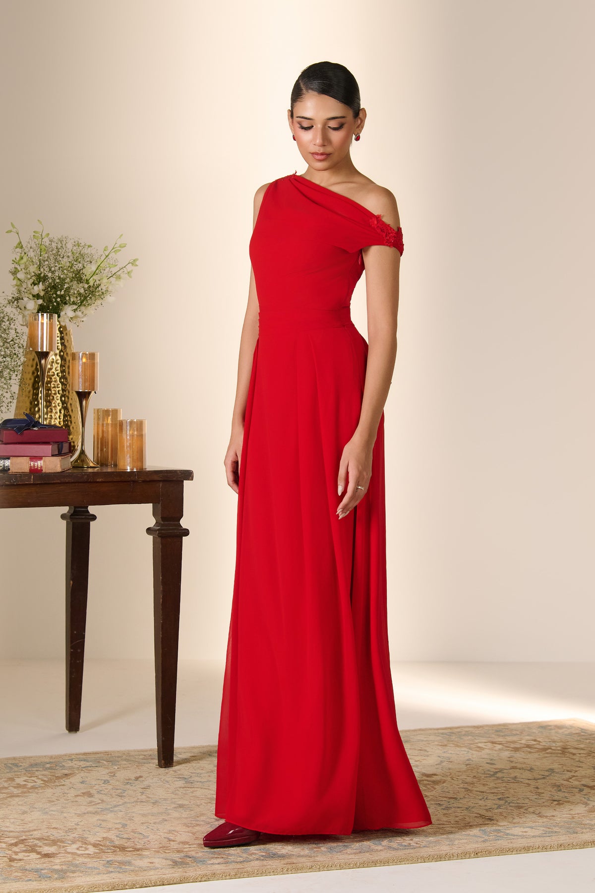 Crimson Off-Shoulder Drape Saree Gown