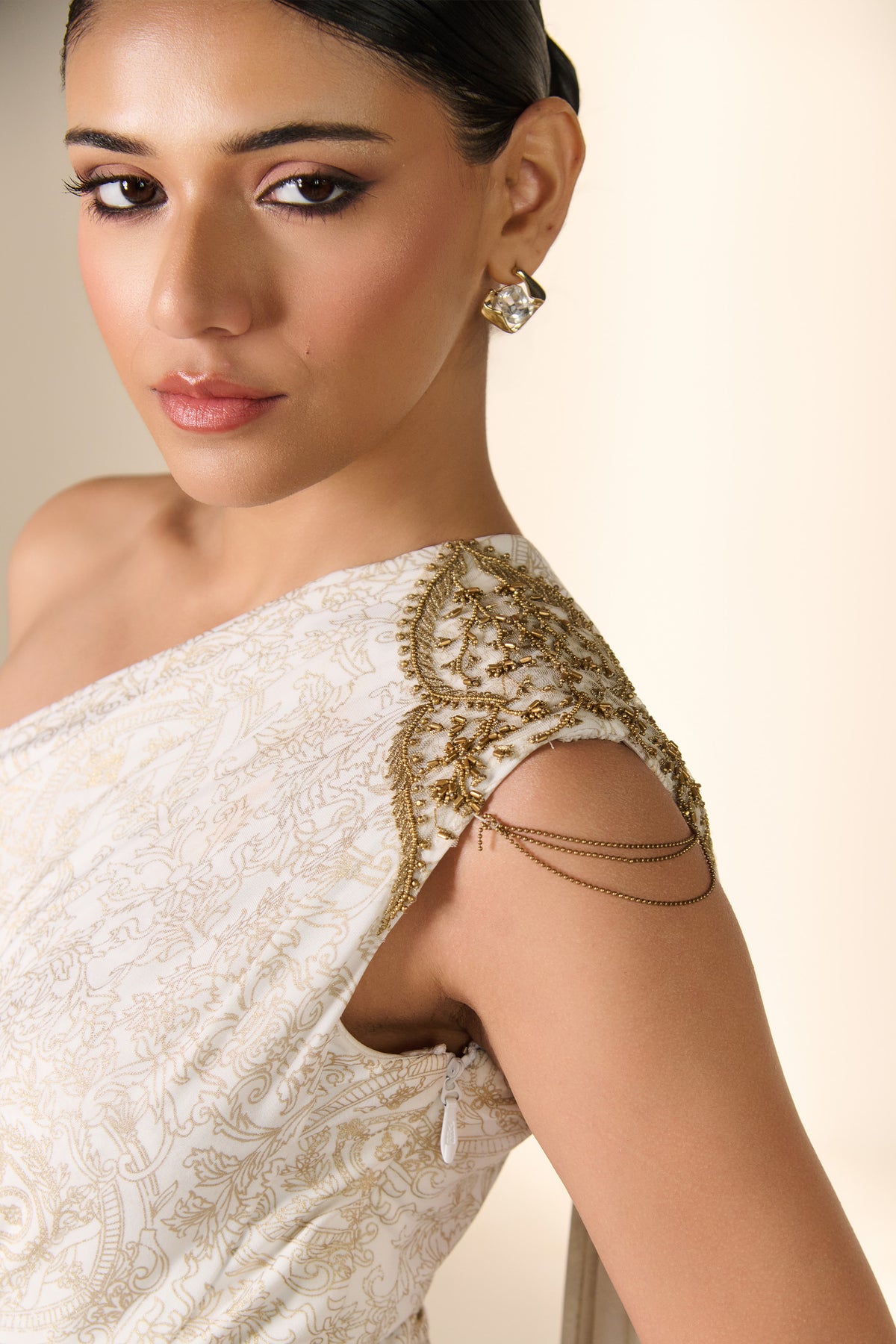 Ivory Printed One-Shoulder Saree Gown