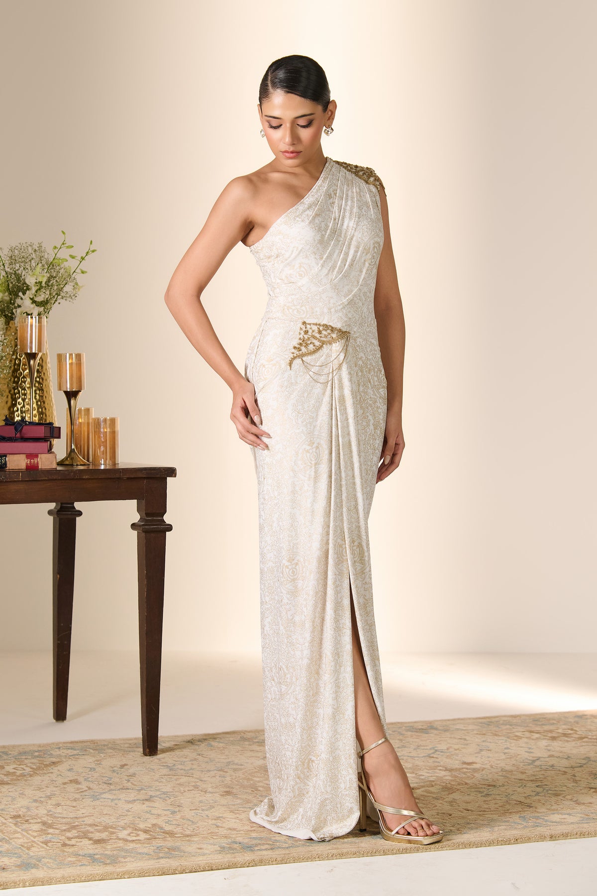 Ivory Printed One-Shoulder Saree Gown