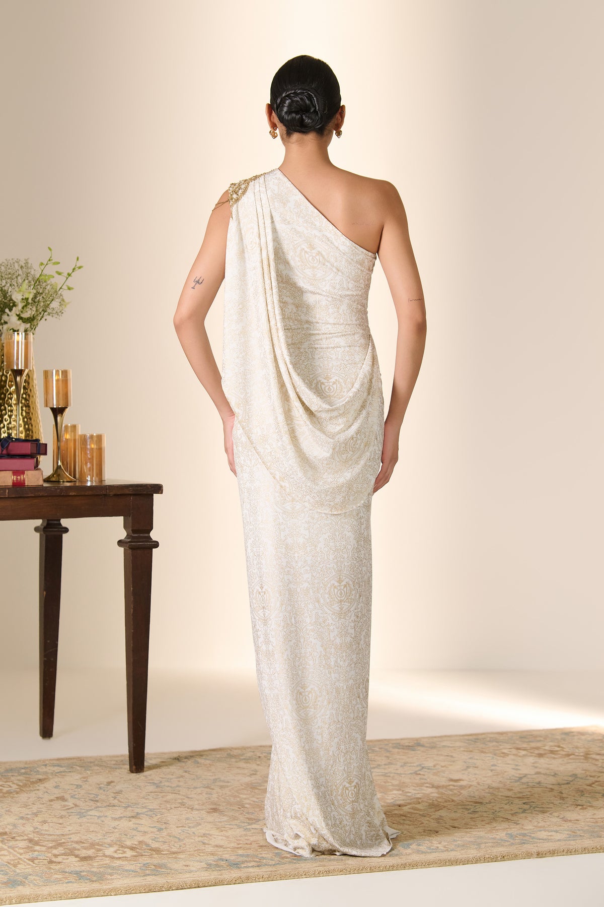 Ivory Printed One-Shoulder Saree Gown