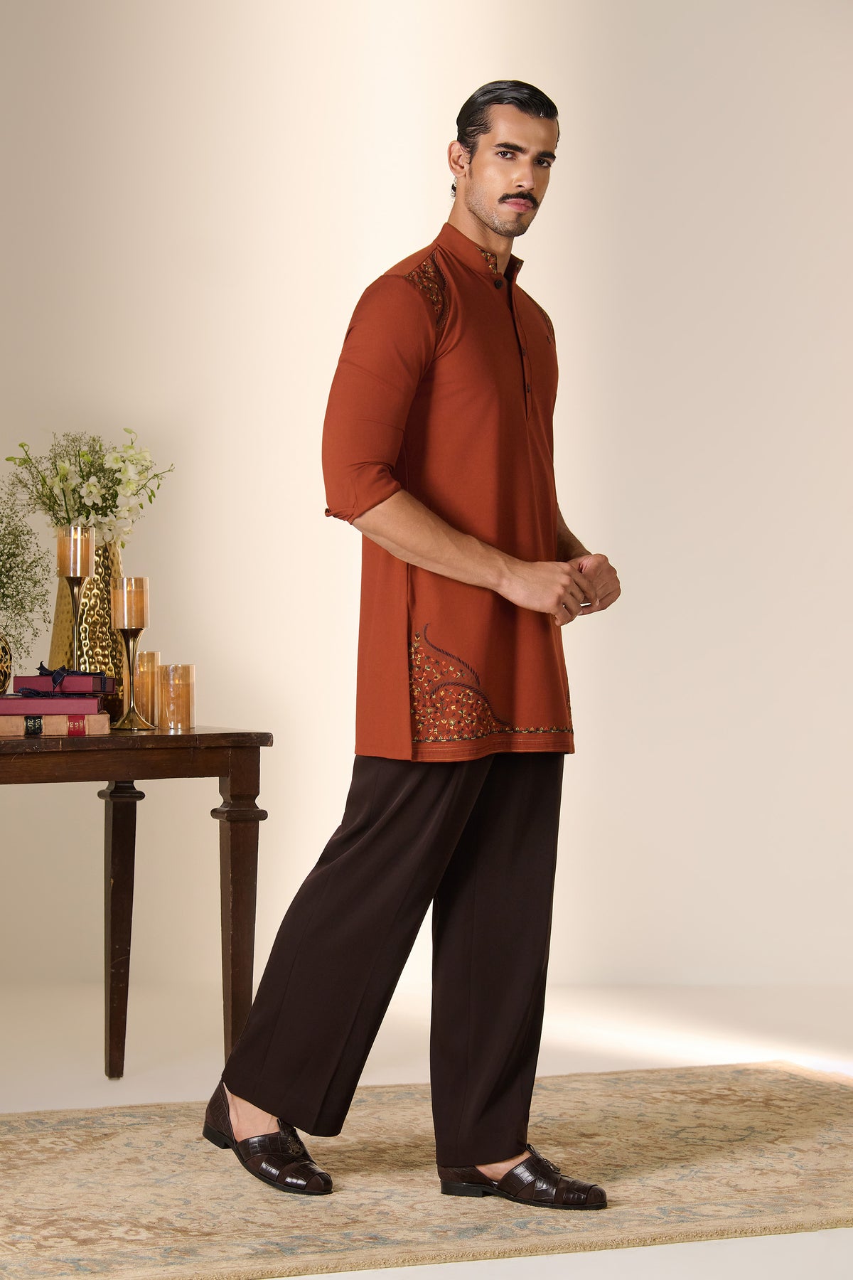 Rust Embroidered Kurta