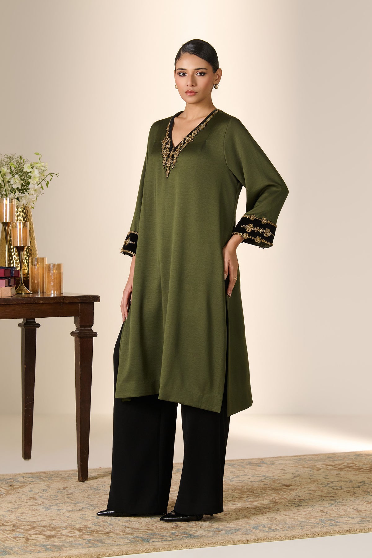 Olive Zari Neck Kurta