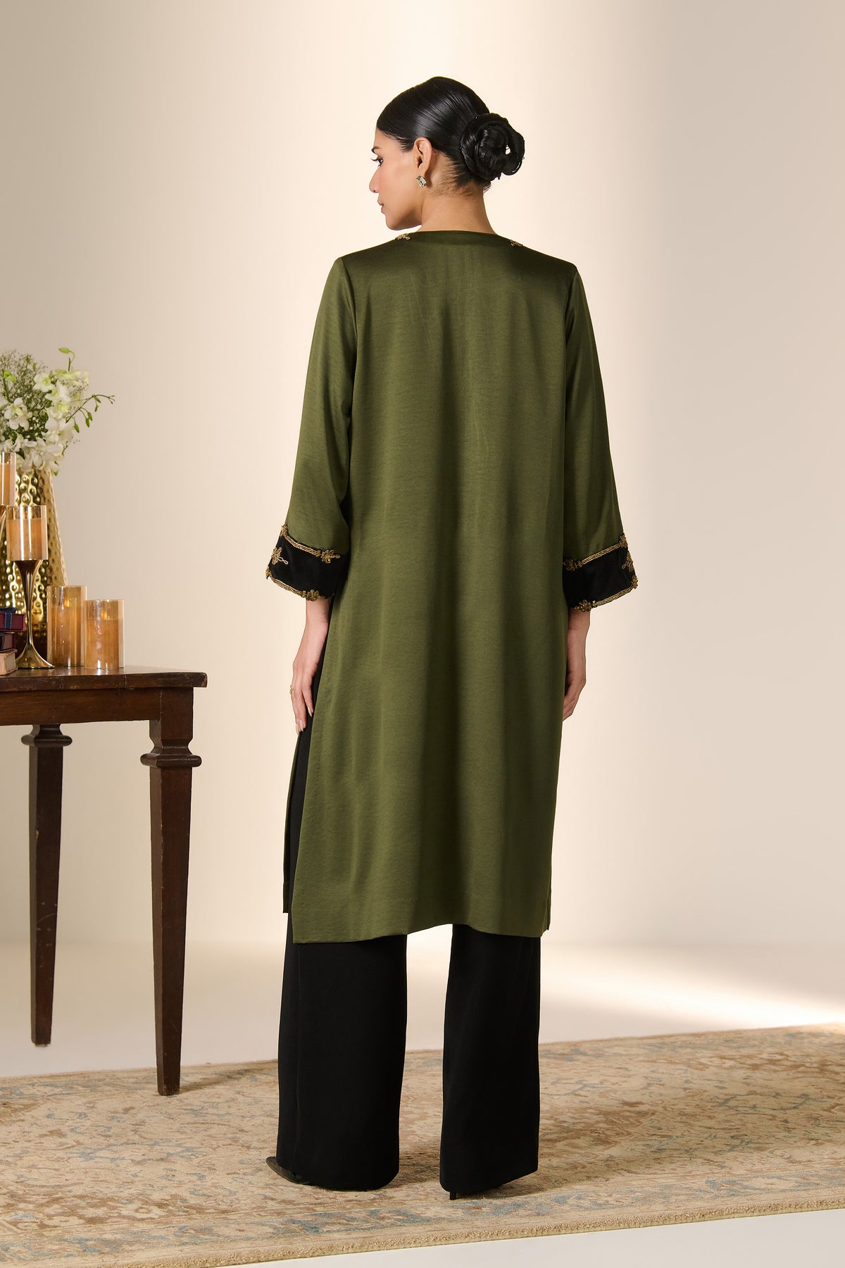Olive Zari Neck Kurta