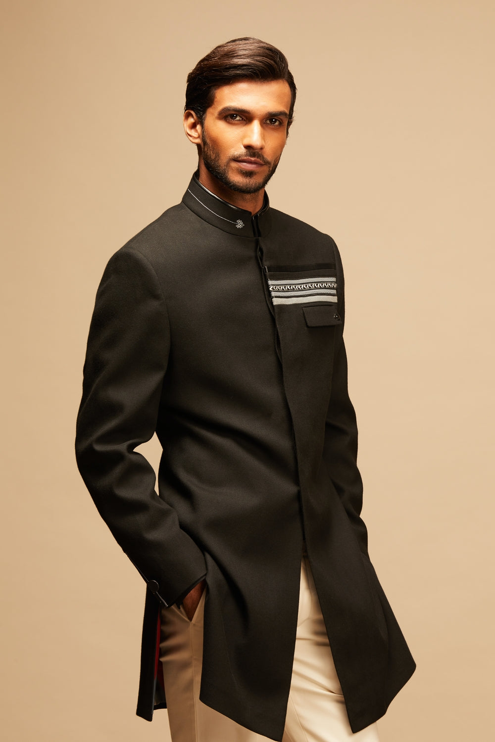 Classic Black Sherwani with Contrast Tape Details