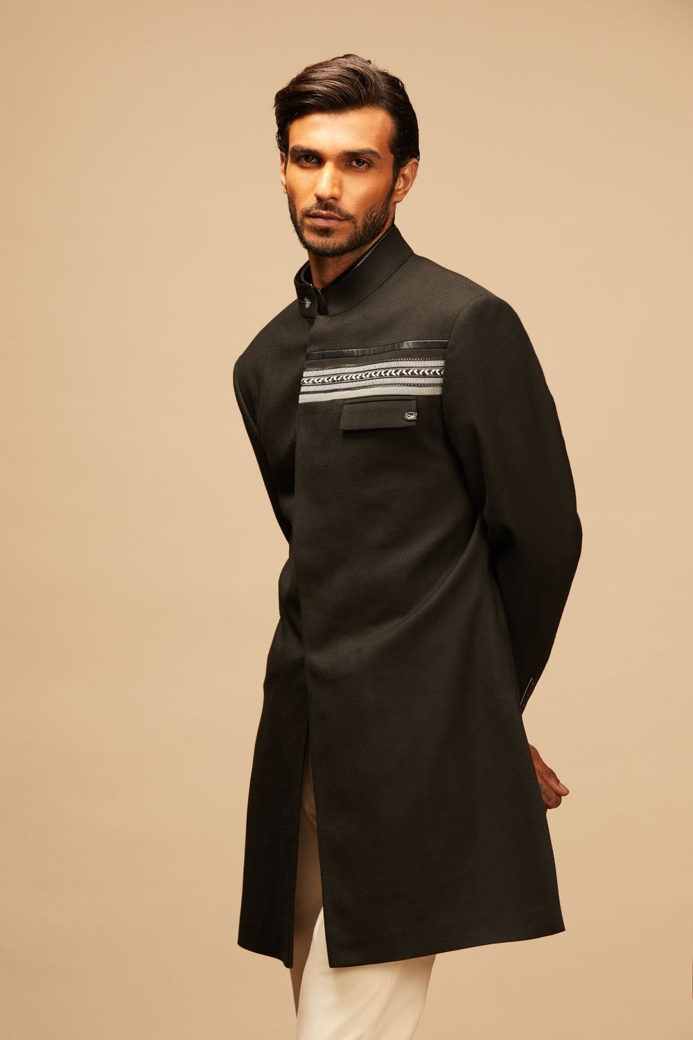 Classic Black Sherwani with Contrast Tape Details