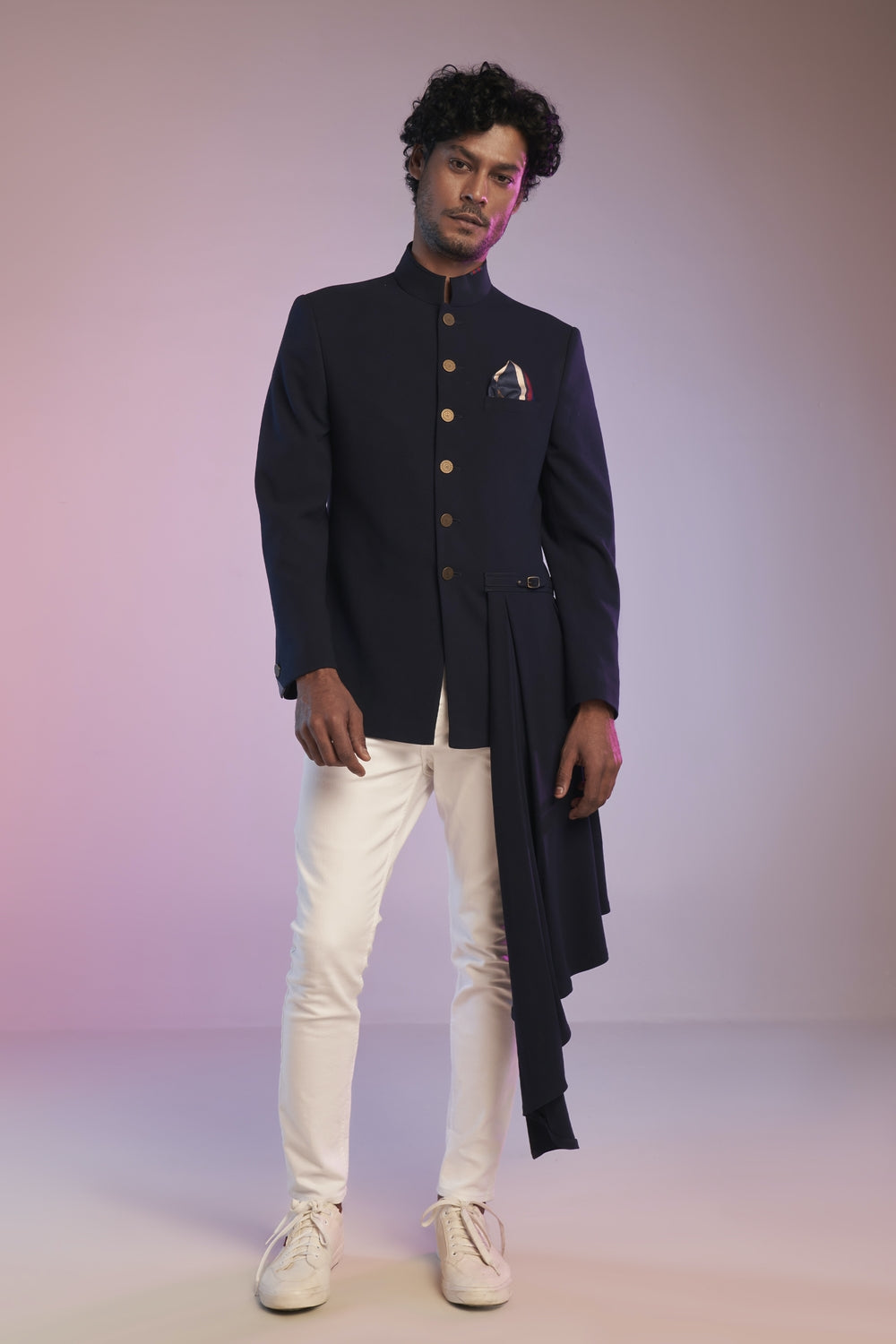 Navy Bandhgala Jacket with Neo-Drape